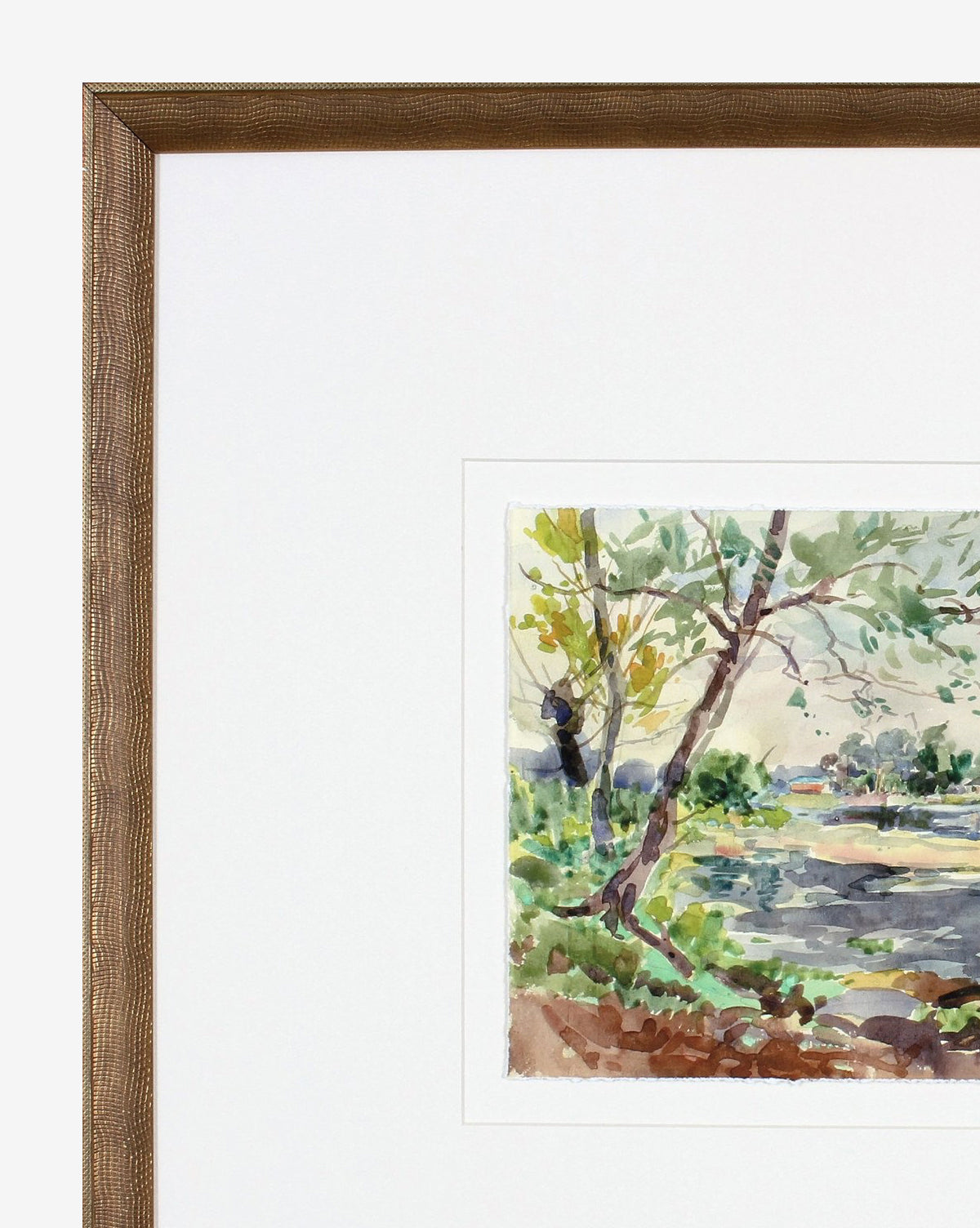 Woodnote 2 is a framed watercolor landscape in a cool color palette depicting trees, greenery, and water. Set against a white mat with a brown wooden frame, it’s perfect for adding serenity to your gallery wall.