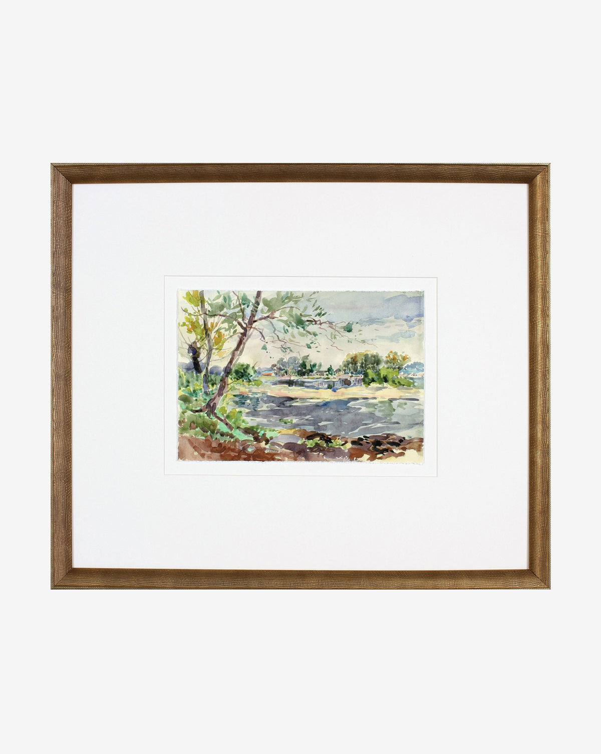 Woodnote 2: A framed watercolor landscape featuring trees, water, and distant greenery under a cloudy sky. Showcasing cool tones, it comes with a wooden frame and white mat—ideal for enhancing any gallery wall.