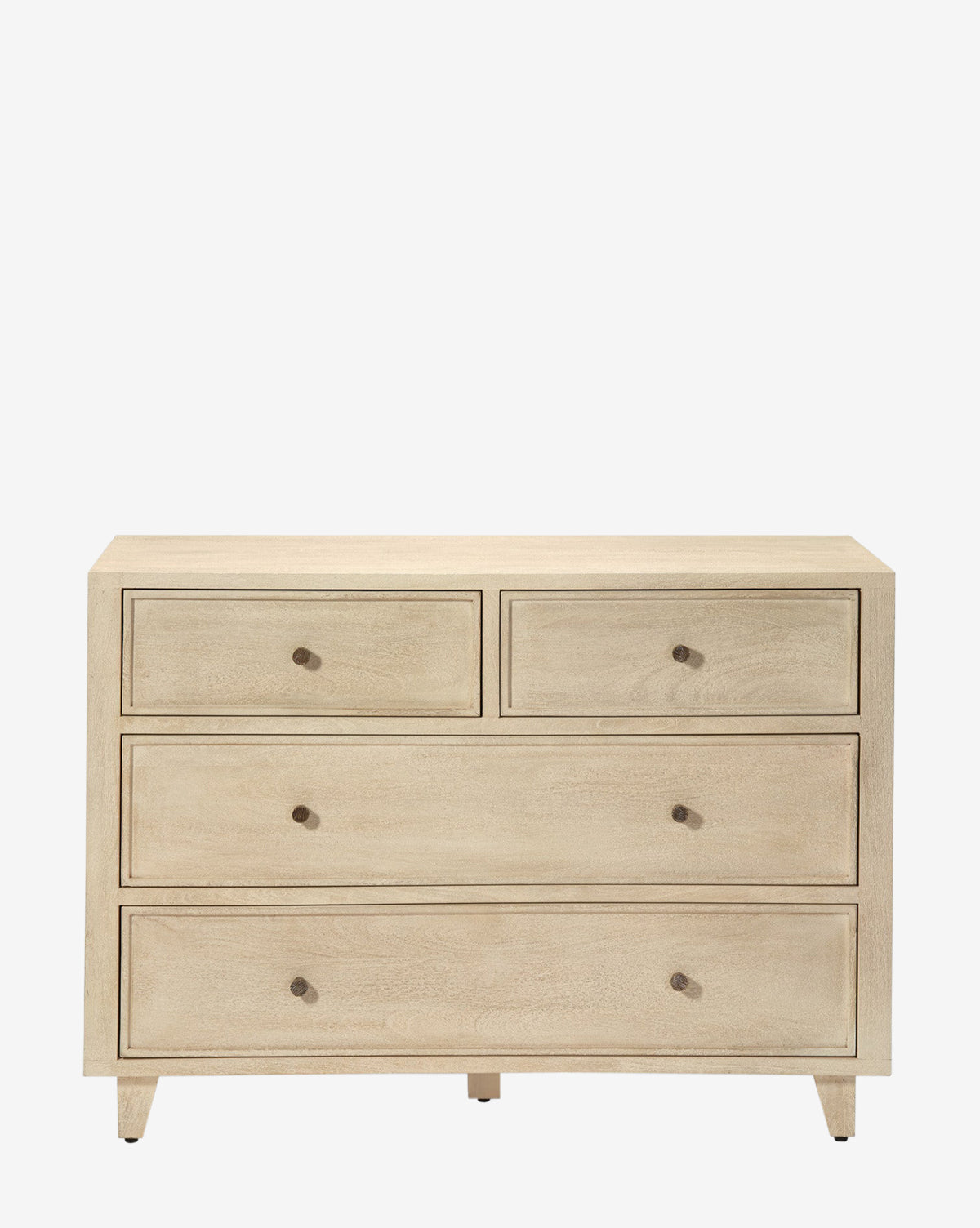 The Wrenna Dresser features a light wood finish with four drawers—two smaller on top, two larger below—and round knob handles. Standing on four short legs, this stylish dresser brings a modern touch to your bedroom, by McGee & Co.