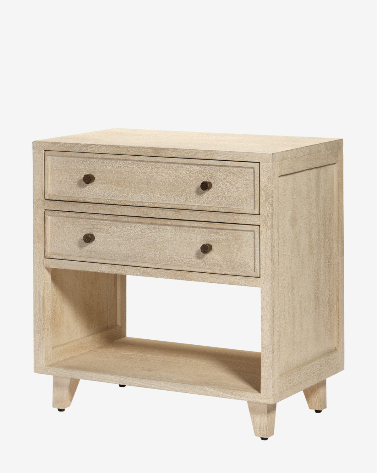 The Wrenna Nightstand boasts a light wood finish, two drawers with round metal knobs, an open lower shelf, and tapered legs, offering simple modern style ideal for easy bedroom styling by McGee & Co.