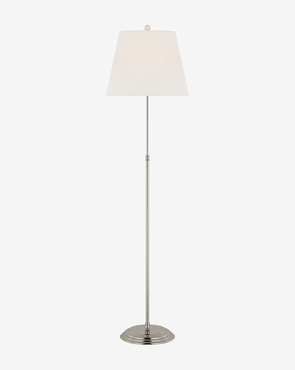 The Wyatt Floor Lamp showcases a sleek silver stand, round base, and crisp white linen shade, all set against a plain white background, by McGee & Co.