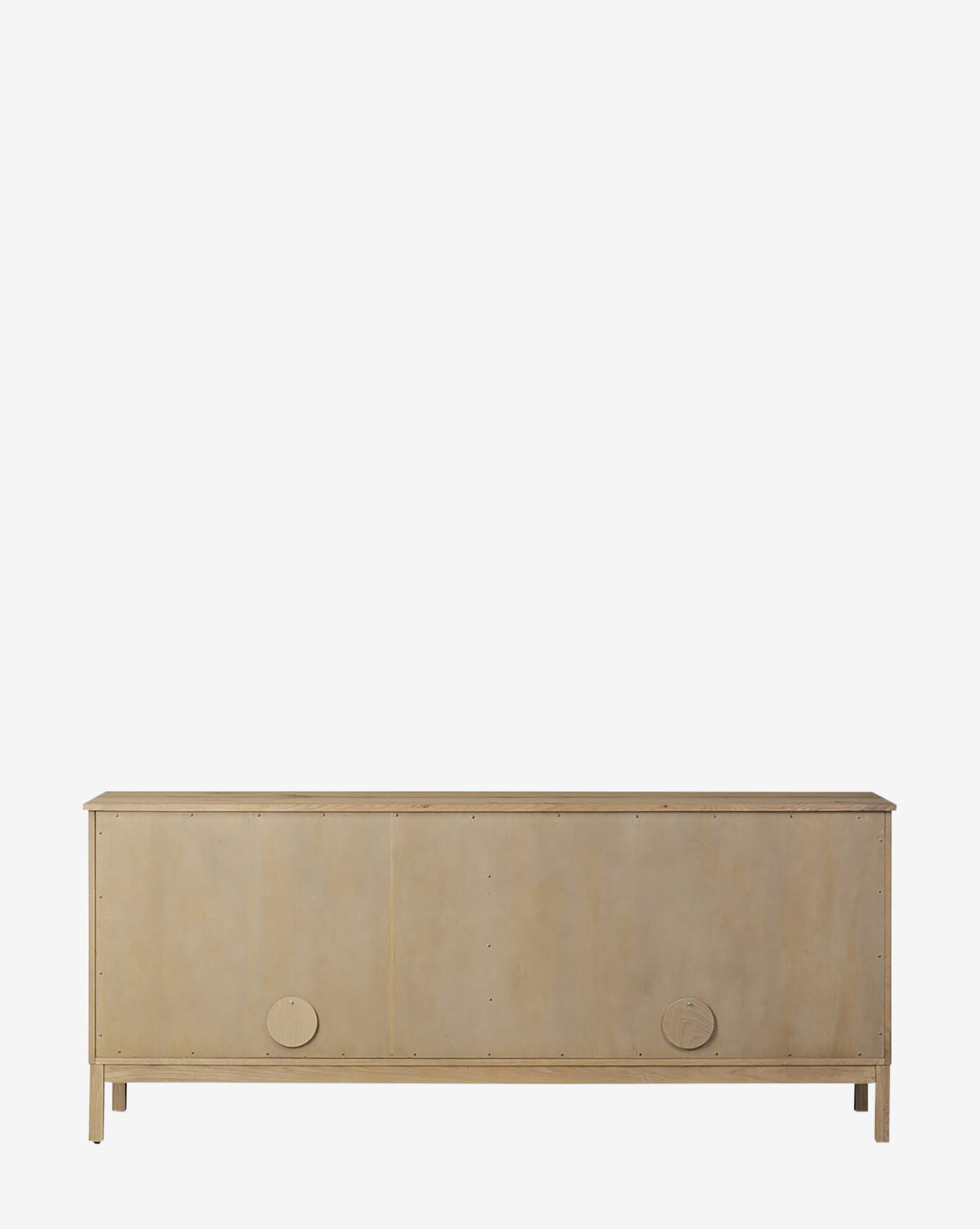 The Wynne Sideboard, crafted from solid oak with two sliding doors and round handles, stands on four short legs and provides stylish storage for modern spaces, by McGee & Co.