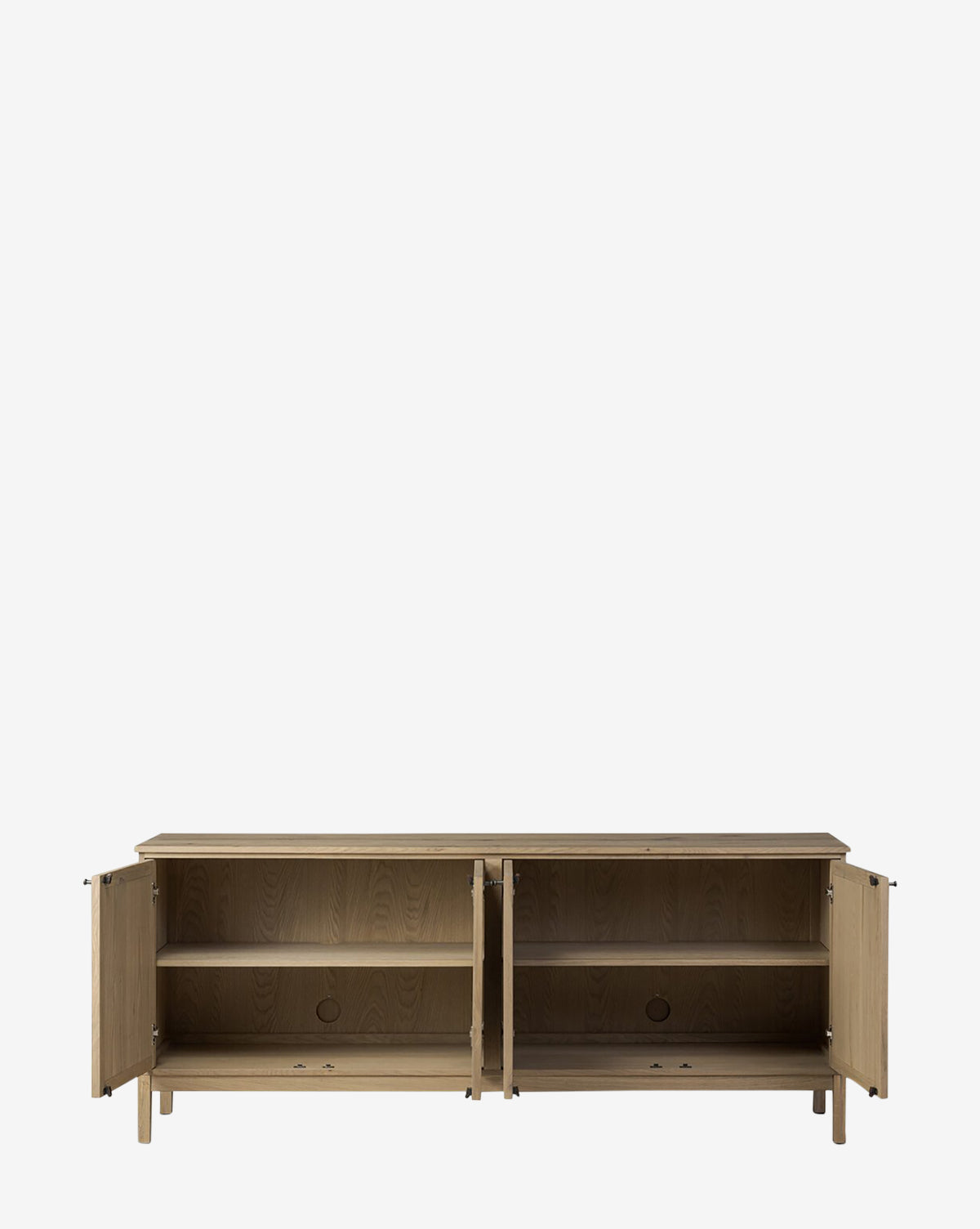 The Wynne Sideboard, in light wood, features two open cabinet doors revealing two interior shelves and circular cable management holes at the back, displayed against a plain white background by McGee & Co.