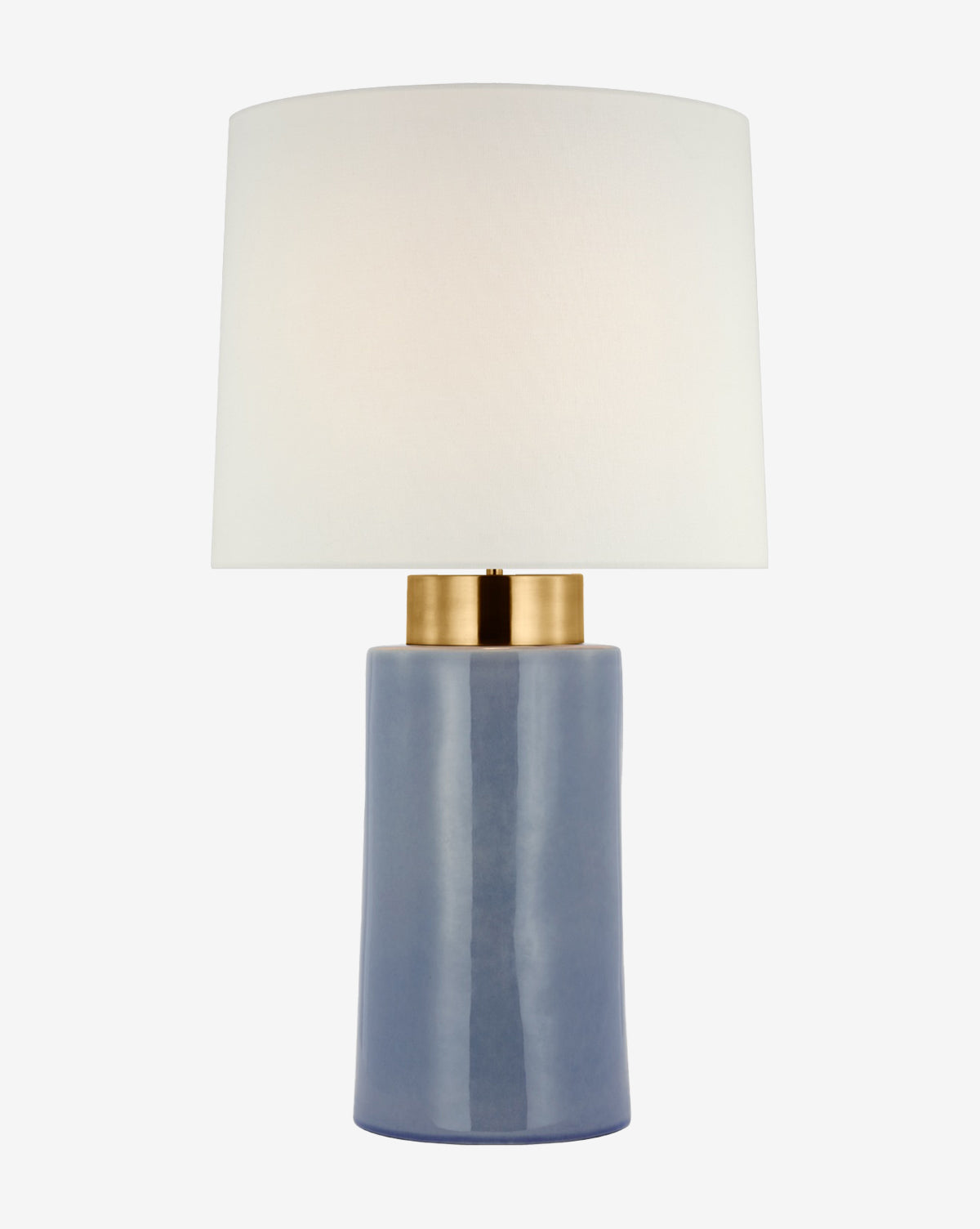 The Xian Table Lamp features a glossy blue ceramic cylindrical base, gold accent near the top, and a large white linen shade—perfect as a modern decorative piece against a plain white background, by McGee & Co.