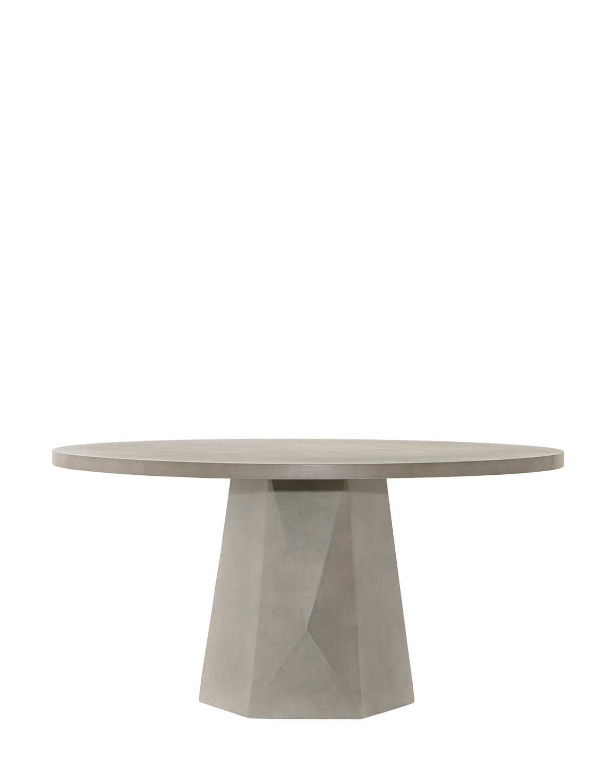 The Yale Outdoor Dining Table is a modern, round gray concrete table with a faceted pedestal base, displayed against a white background by McGee & Co.