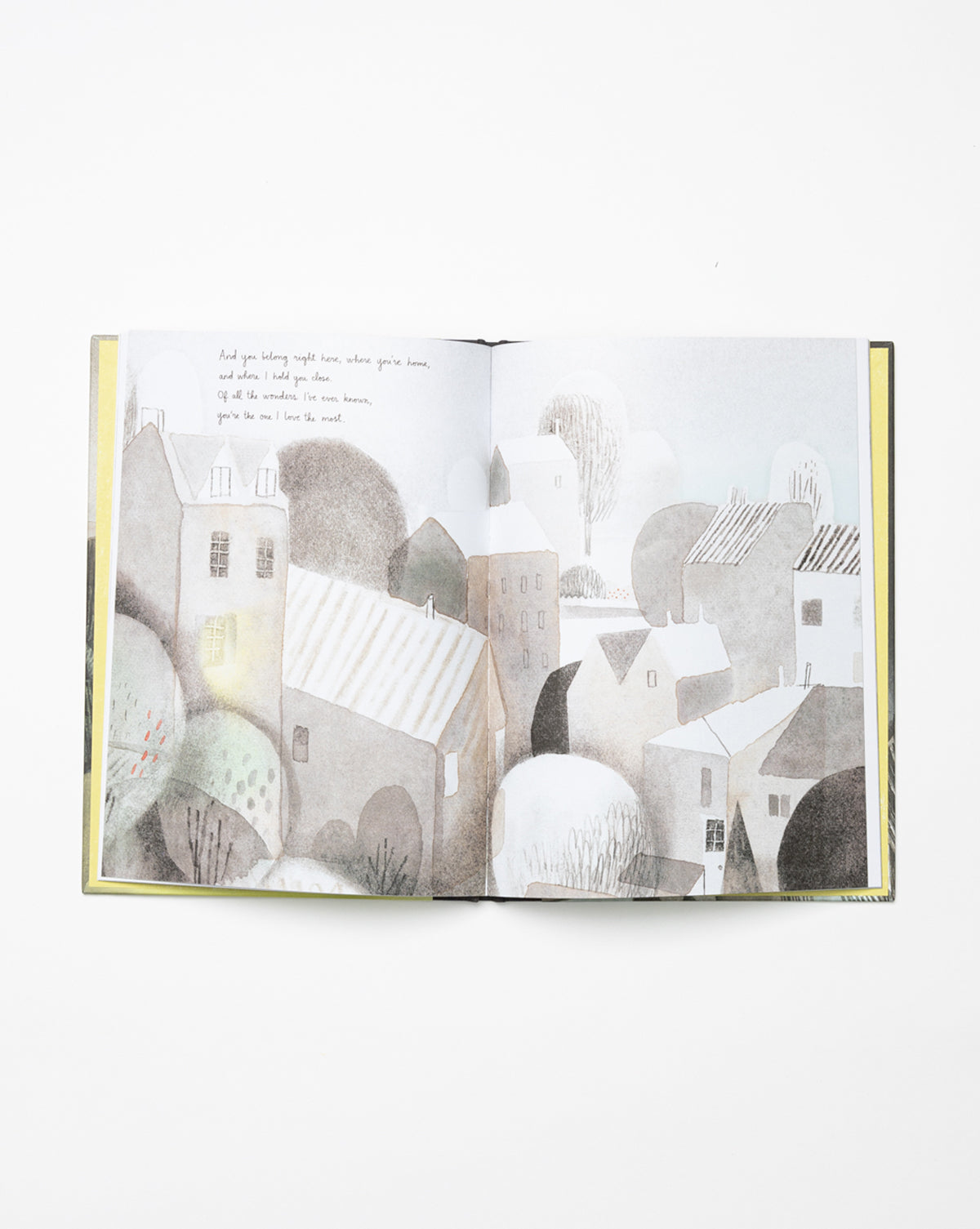 An open copy of You Belong Here displays soft pastel illustrations of village houses and trees, with handwritten text in the sky. Muted greys, browns, and greens evoke a comforting bedtime book atmosphere.