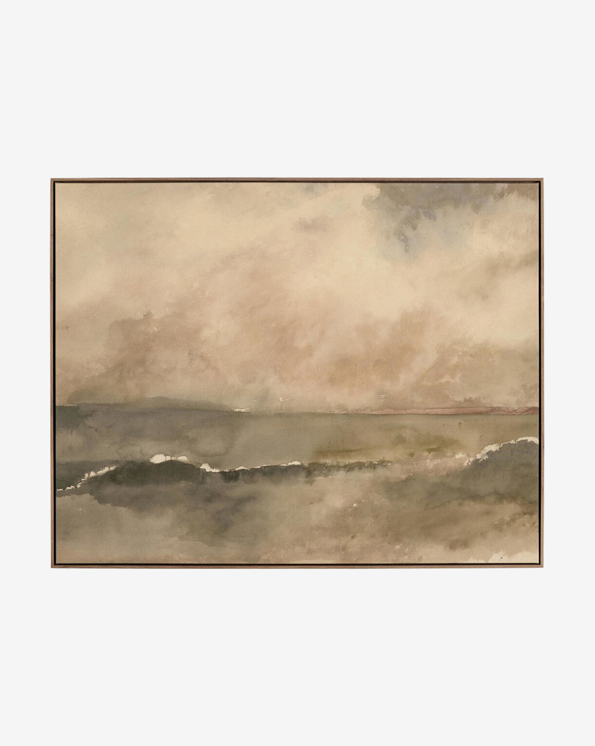 You Said I am the Sea by Aileen Fitzgerald is a gallery-quality watercolor showcasing a calm ocean with gentle waves and a cloudy sky in muted beige, gray, and green tones, beautifully captured on raw canvas, by McGee & Co.