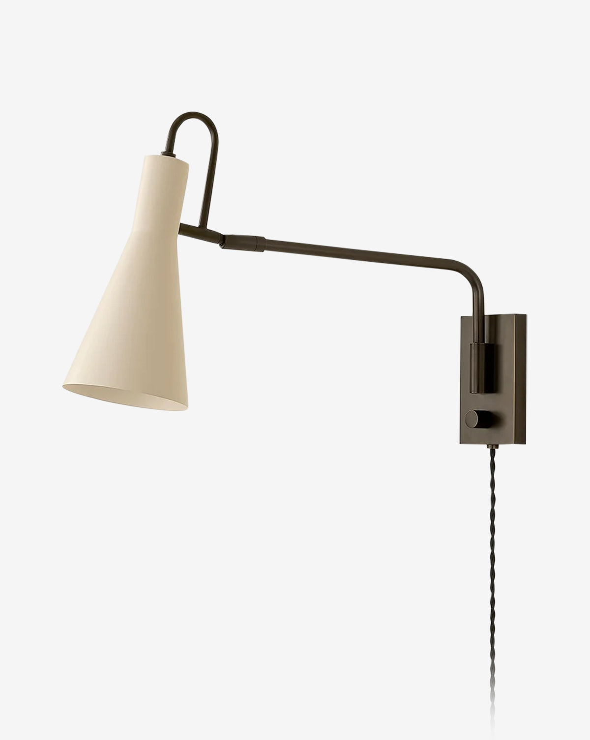 The Hudson Valley Lighting Yvette Sconce is a modern wall lamp with a vintage look, featuring a beige conical shade, black adjustable arm for directional lighting, and twisted black cord, shown on a plain white background. McGee & Co.