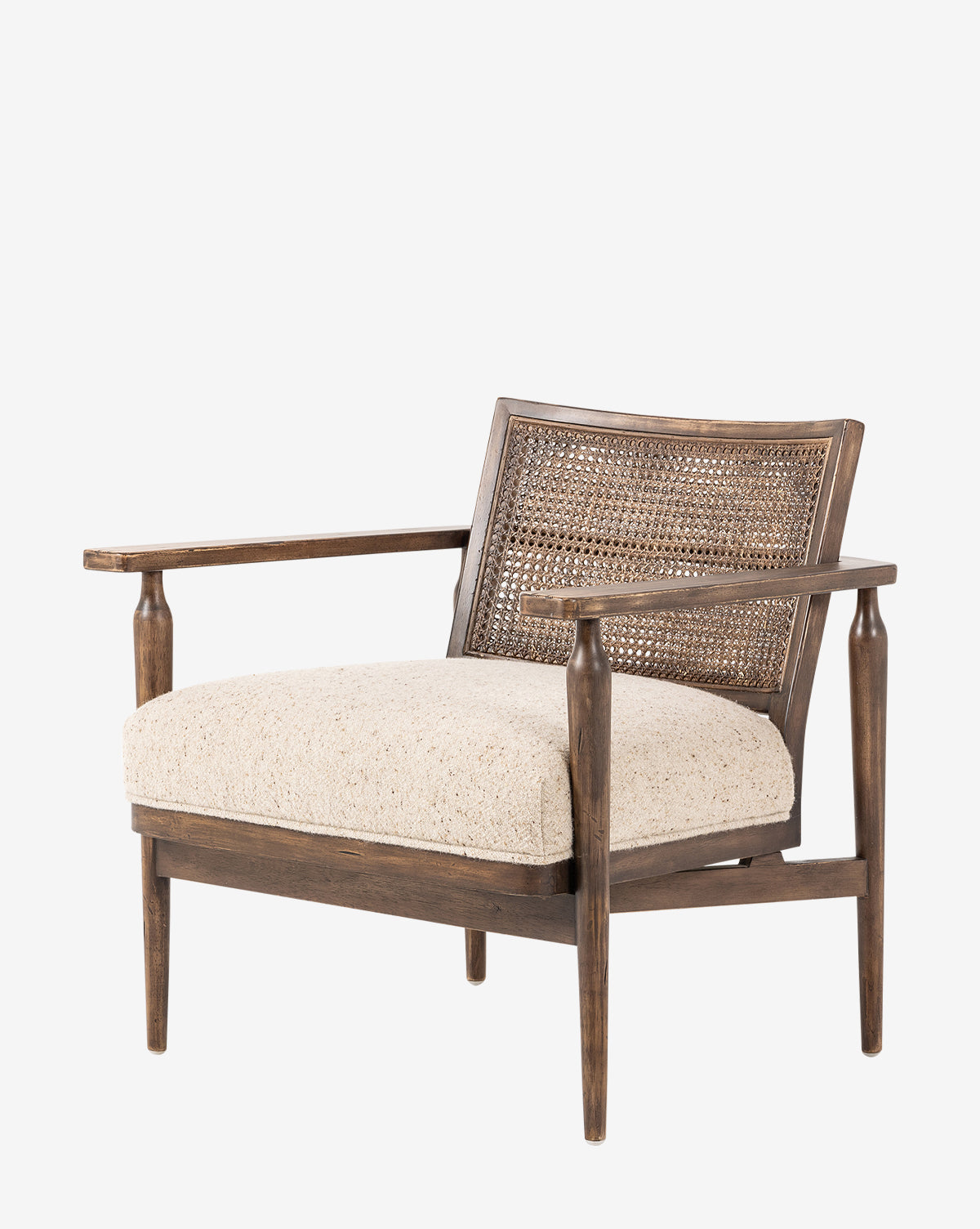 The Zalan Lounge Chair is a mid-century modern vintage piece with a wooden frame, woven cane backrest, straight wooden arms, and a thick Belgian linen seat, shown against a white background by McGee & Co.