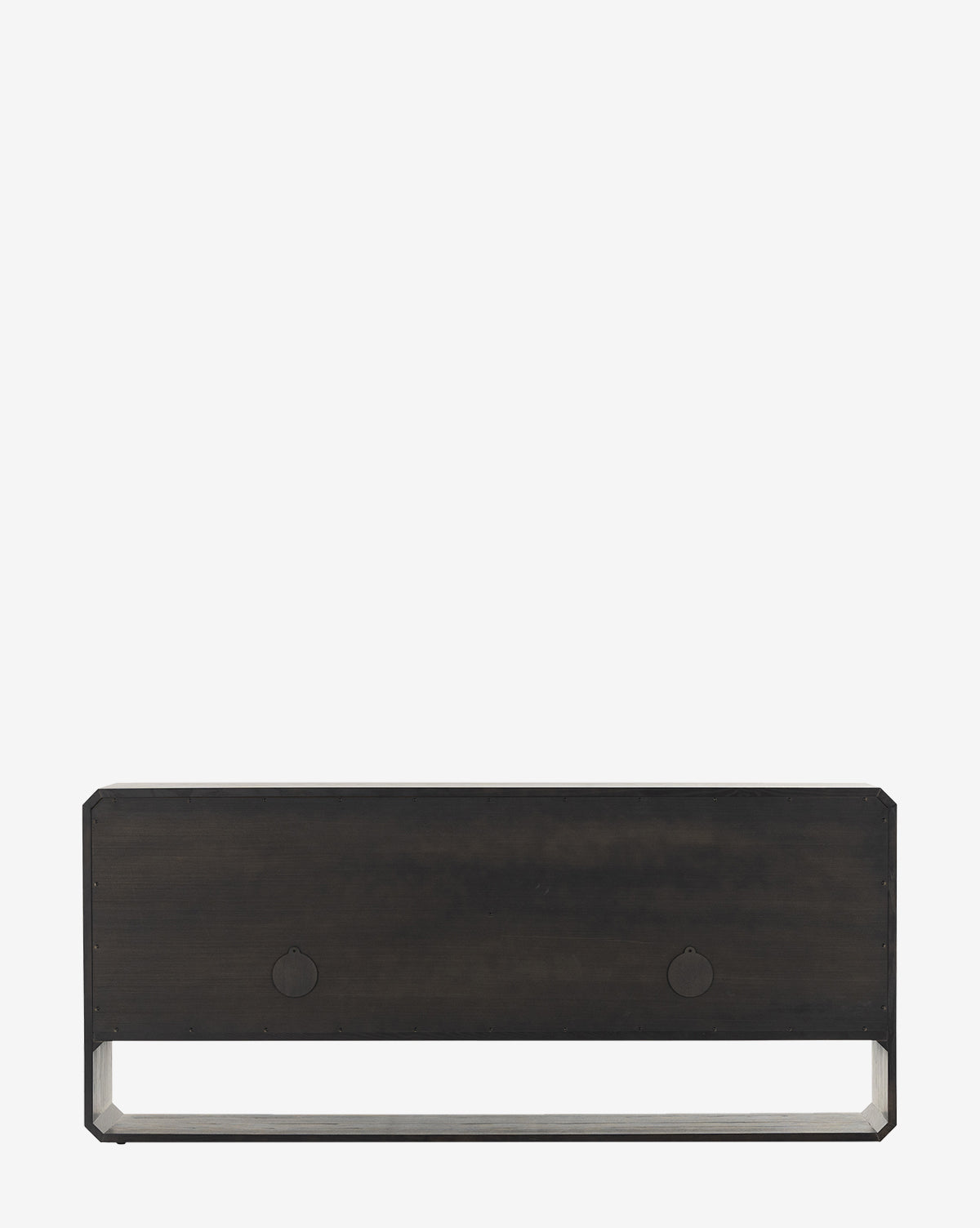 The Ziggy Sideboard is a rectangular dark wood storage piece with a solid black ash veneer front, two circular accent details, and an open bottom space, shown against a plain white background by McGee & Co.