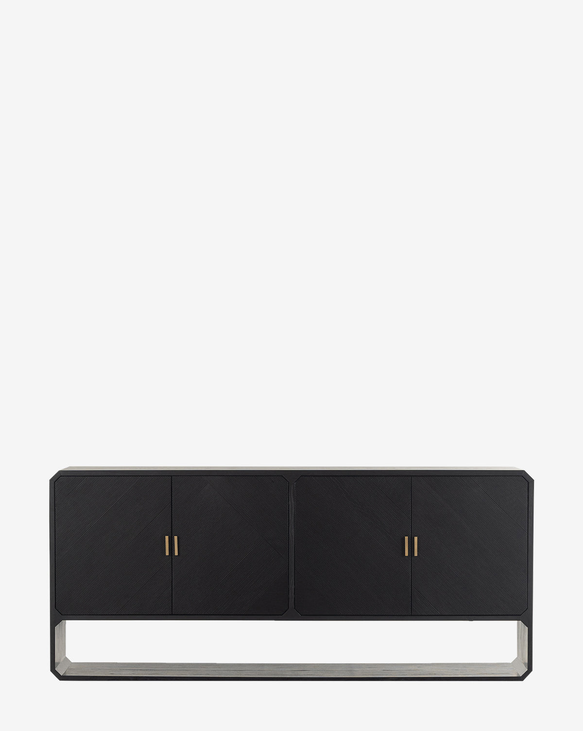 The Ziggy Sideboard is a sleek geometric black sideboard with four doors, gold handles, and an open rectangular base, displayed against a plain white background by McGee & Co.