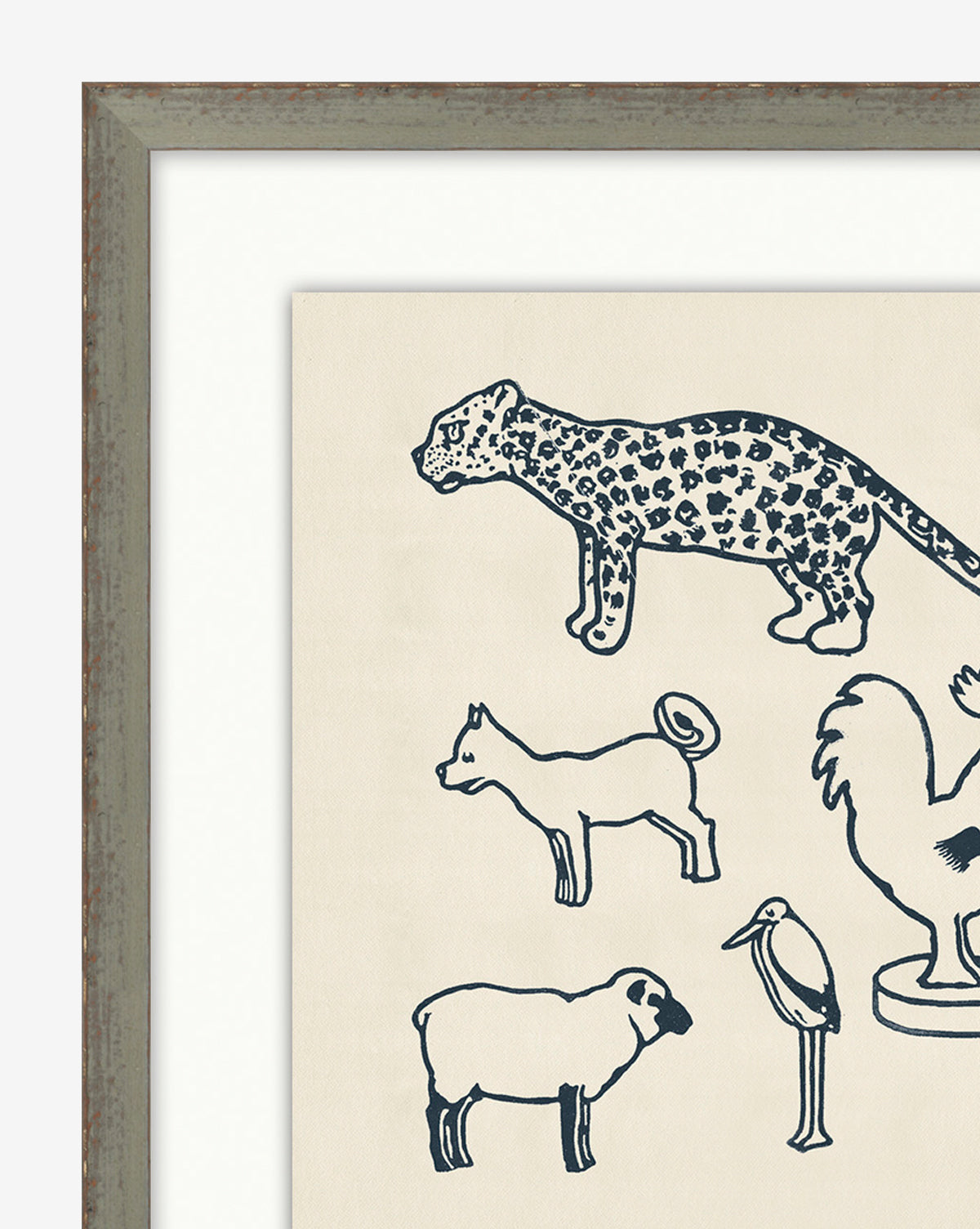 The Zoo Cut-Outs framed giclee print features simple black line drawings of a leopard, dog, sheep, stork, and a rooster on a light background—an adorable design perfect for any kids room.