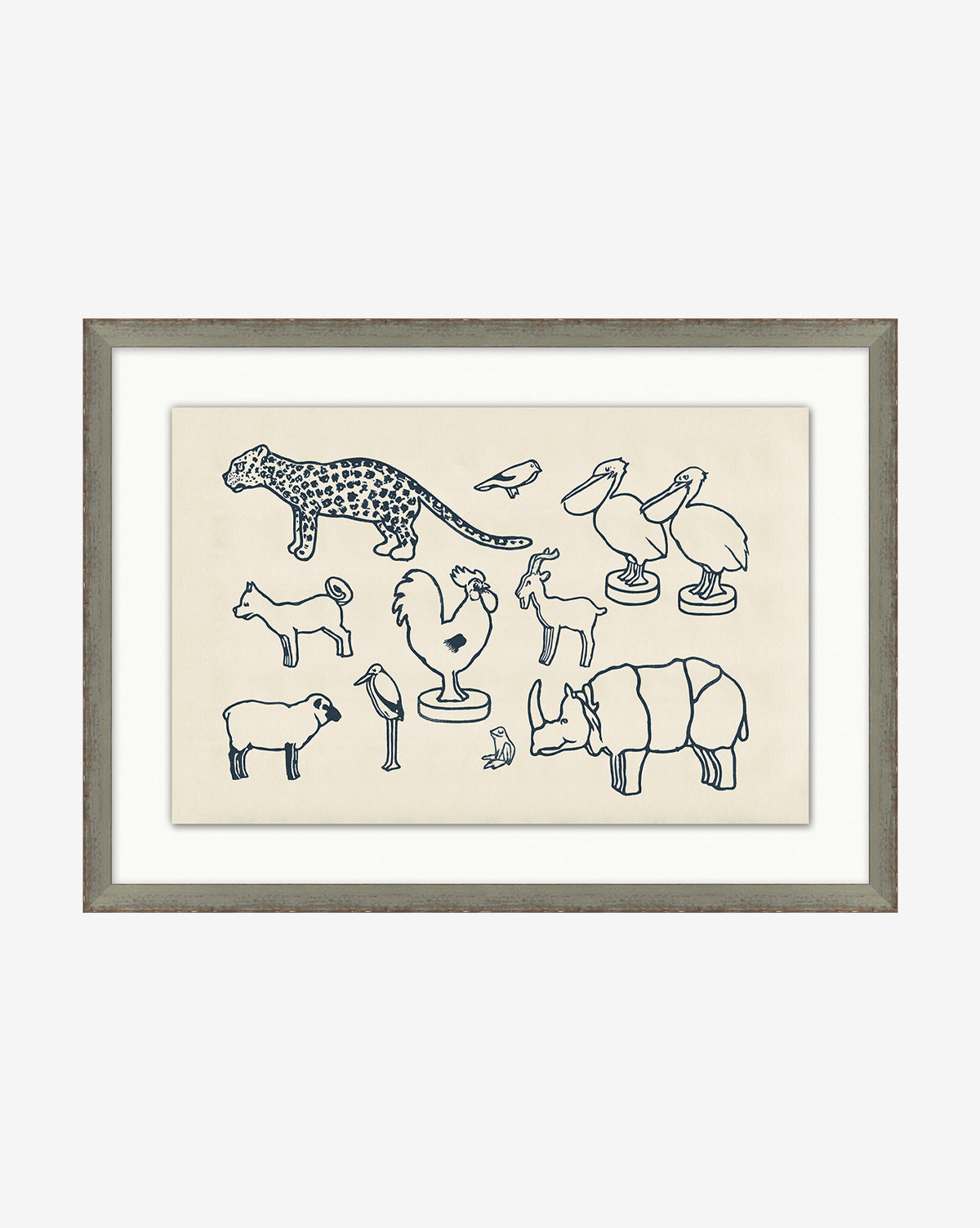 The Zoo Cut-Outs framed giclee print showcases simple dark blue animal line drawings—including cheetah, horse, and rhino—on a light background. Ideal for kids’ rooms or as part of the Zoo Cut-Outs collection.