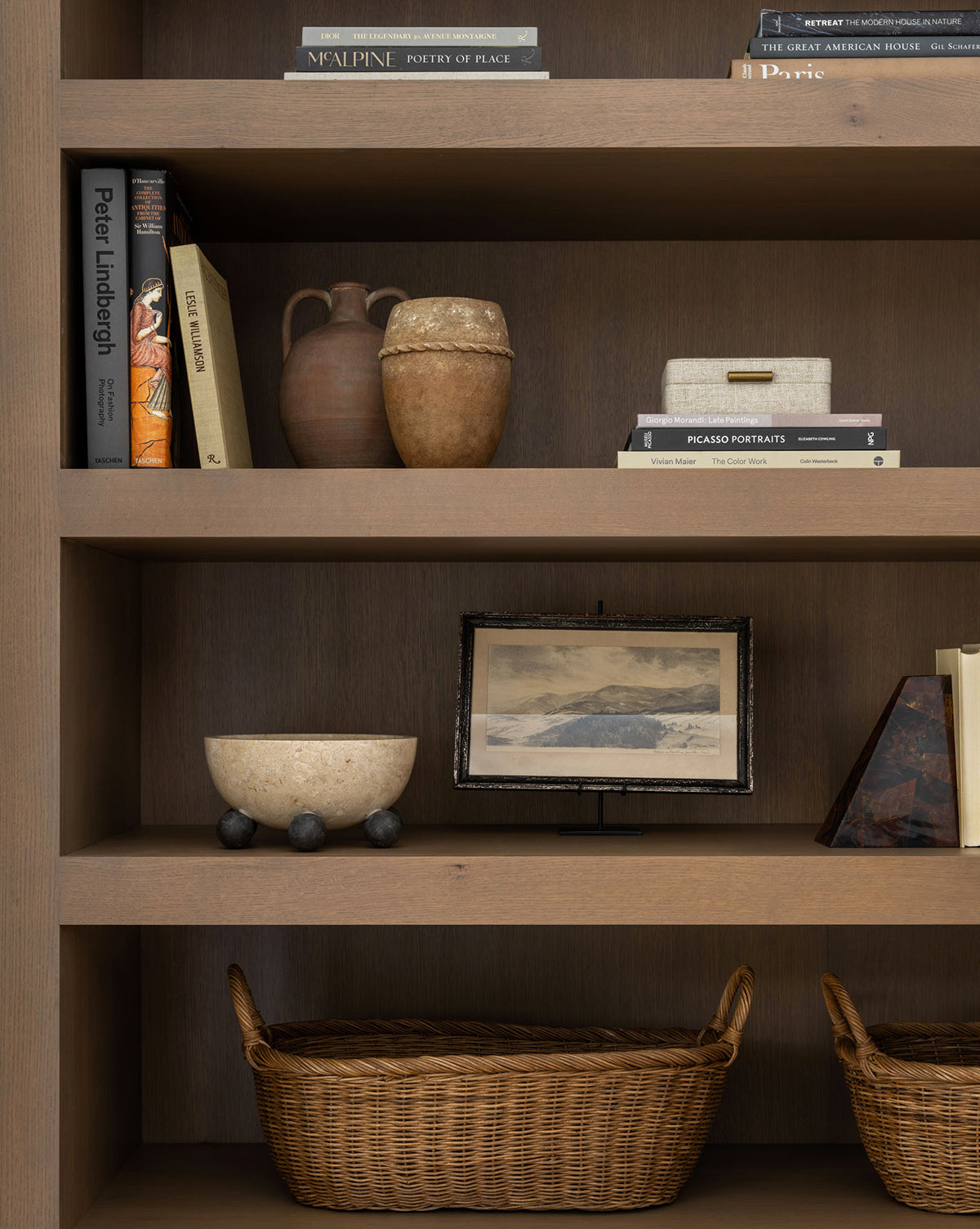 Small Landis Planter, 6” Dia. x 8” H, ceramic with aged glaze, displayed on a bookshelf, from McGee & Co.