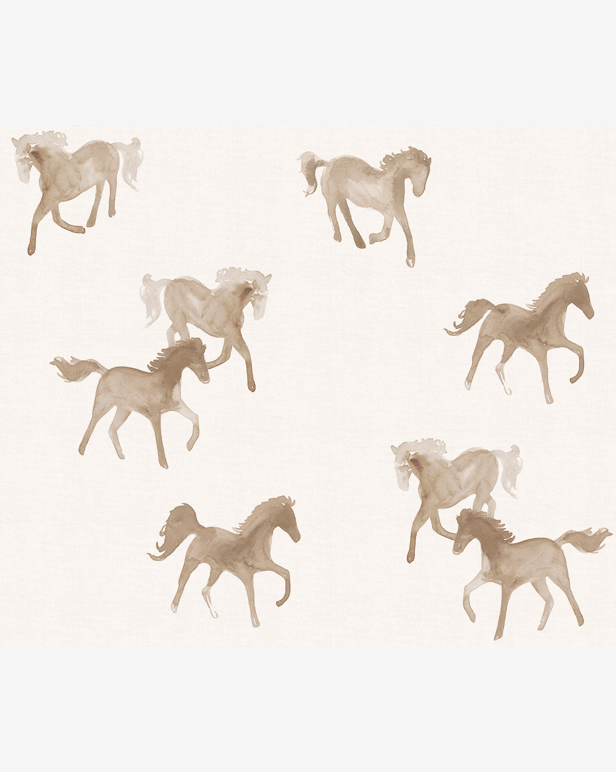 Wallpaper design with elegant watercolor horses in motion, painted in warm taupe and beige tones by McGee & Co.