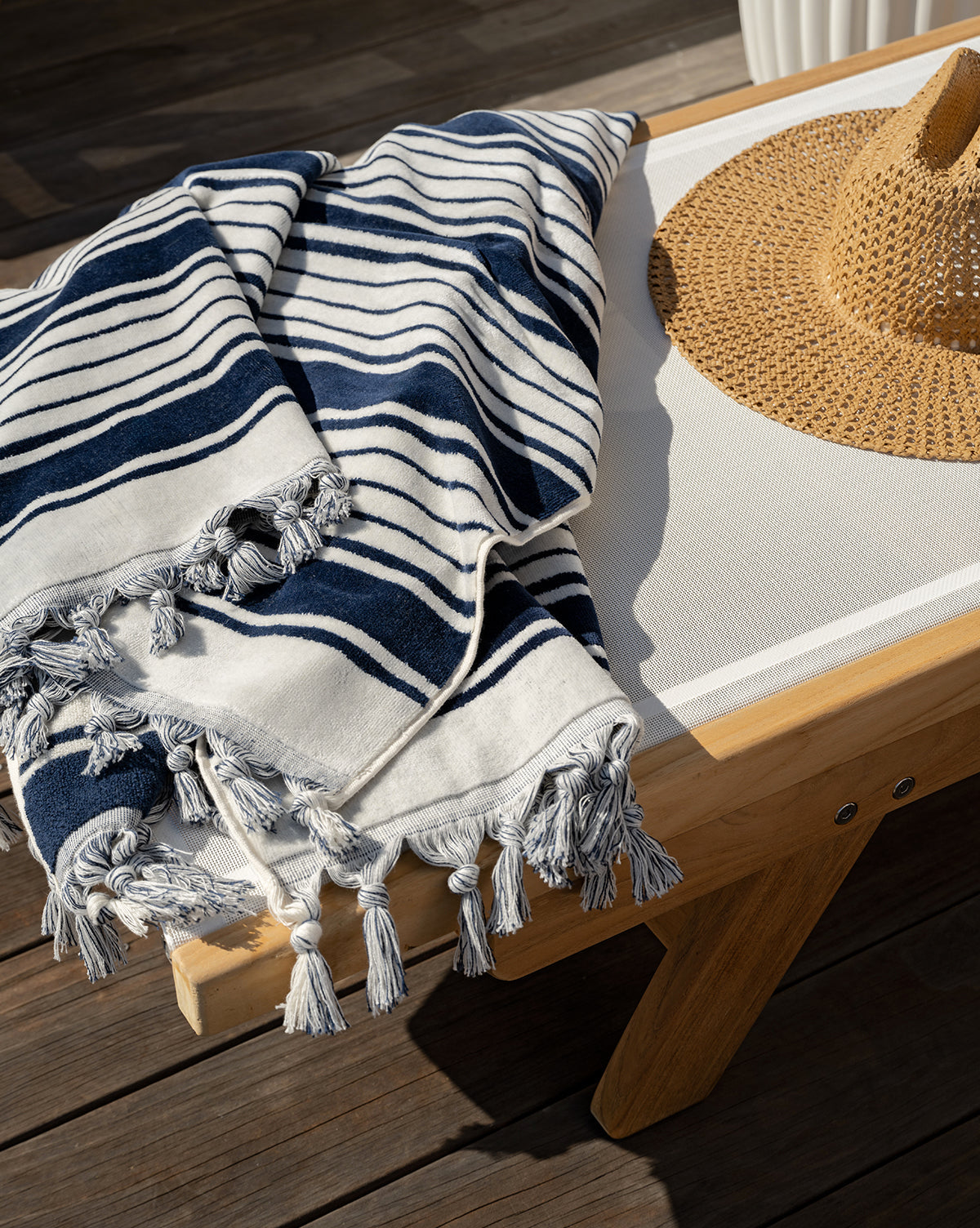 Turkish cotton oversized beach towel in navy stripes from McGee & Co.