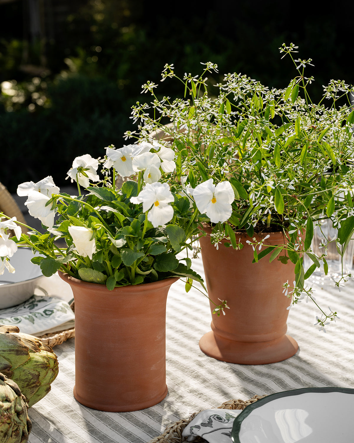 Two UCP INTERNATIONAL COMPANY LIMITED Lorenzo Terracotta Pots with white flowers are displayed on a striped tablecloth outdoors, alongside plates, a bowl, and an artichoke for a fresh indoor-outdoor planter setting. McGee & Co.