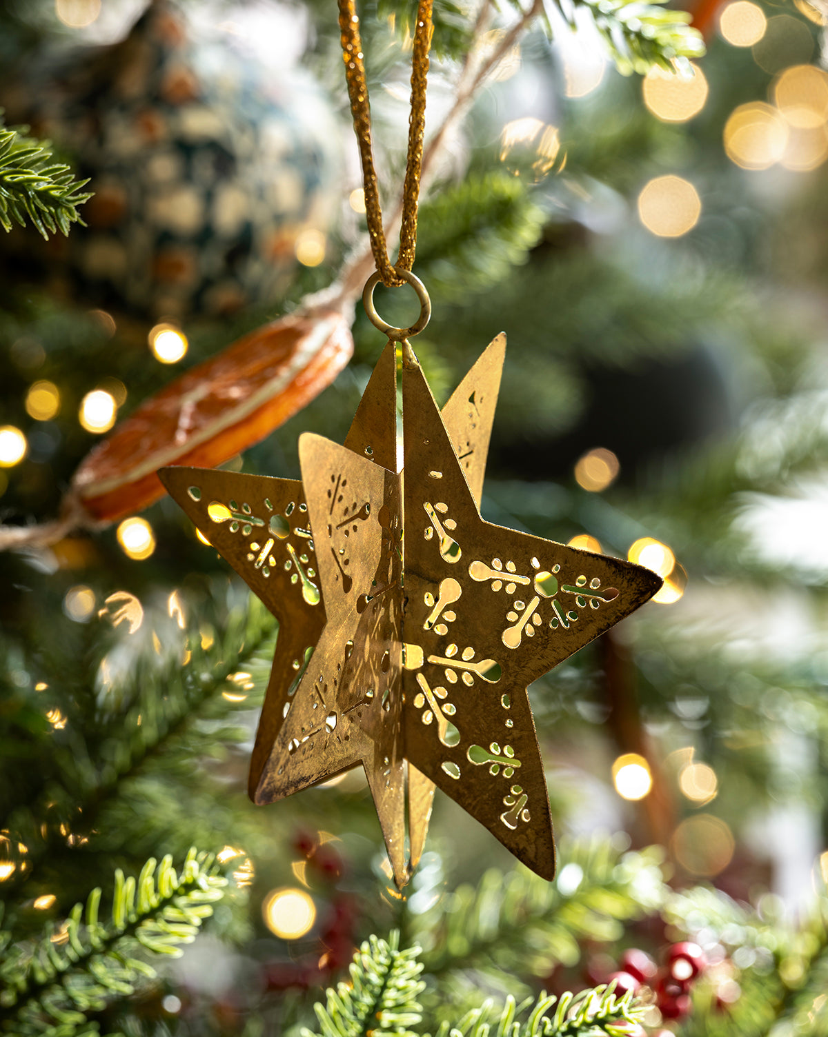 A gold, star-shaped metal ornament with cut-out designs hangs from a Classic Christmas Tree branch, surrounded by lush green needles and softly blurred twinkling lights in the background, by McGee & Co.