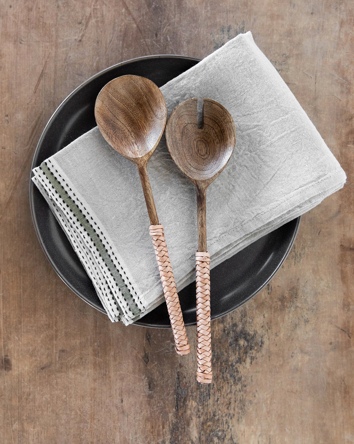 Leather Woven Handle Salad Servers