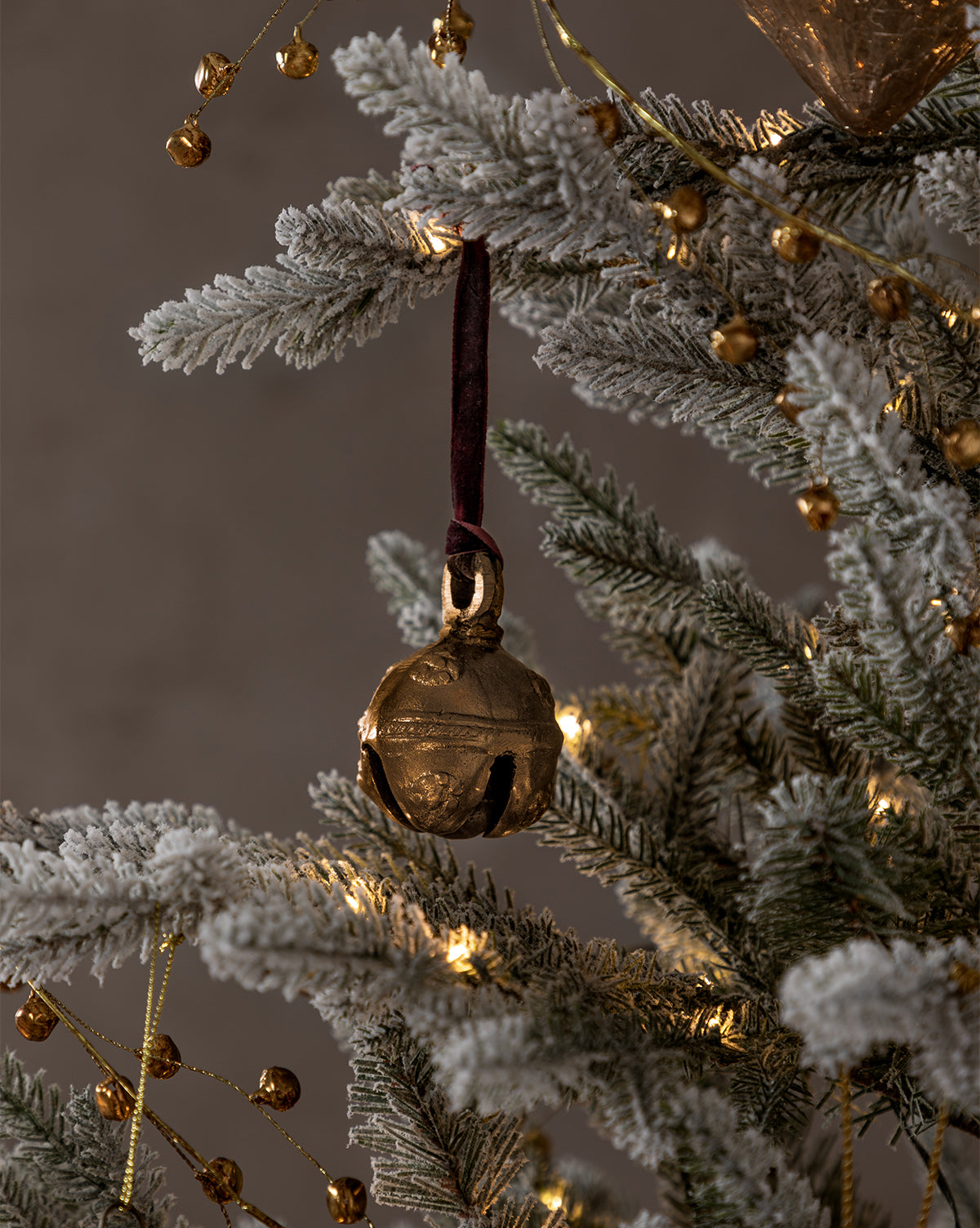 Antique Brass Bell Ornament on Velvet Red Ribbon