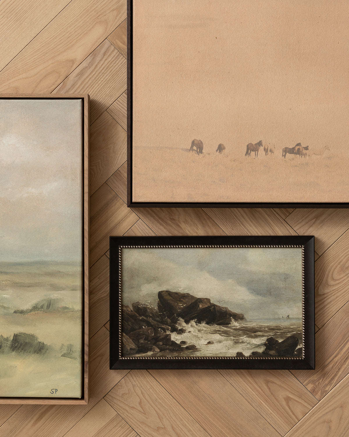 Gallery-quality framed painting Rough Sea Shores captures waves crashing along a windswept shoreline, perfect for adding coastal drama to your space, by McGee & Co.
