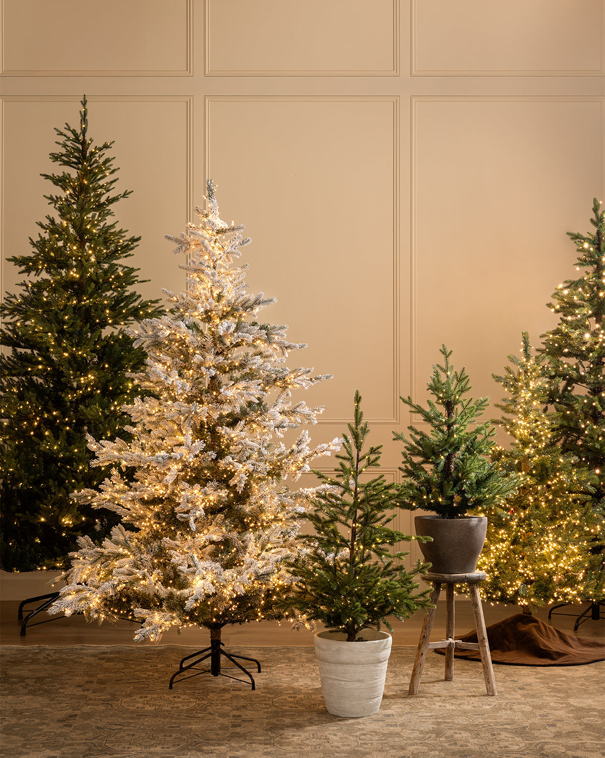 A set of decorated Christmas trees stands indoors against a beige wall, featuring the Faux Spruce Pre-Lit Potted Tree. Some trees are potted, and a small faux tree is displayed on a wooden stool, by McGee & Co.