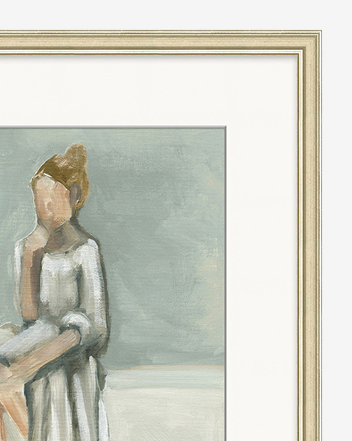 A Time to Think is a framed painting of a woman with light brown hair in a bun and a light dress, set against a blue-gray background—ideal as neutral wall art for girls room decor or to elevate your gallery wall art collection.