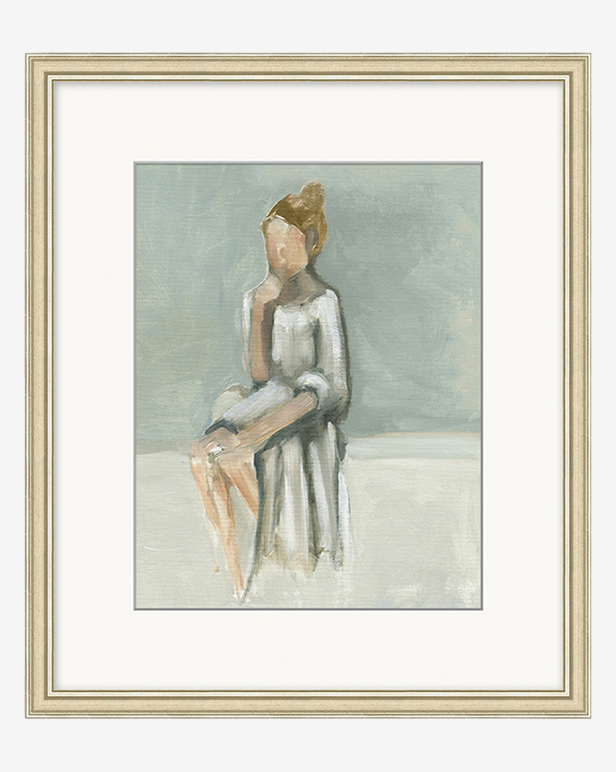 A Time to Think is a minimalist painting of a woman in a light dress with indistinct features, seated against a muted grey-blue background—perfect neutral wall art or girls room decor, simply framed for a modern touch.