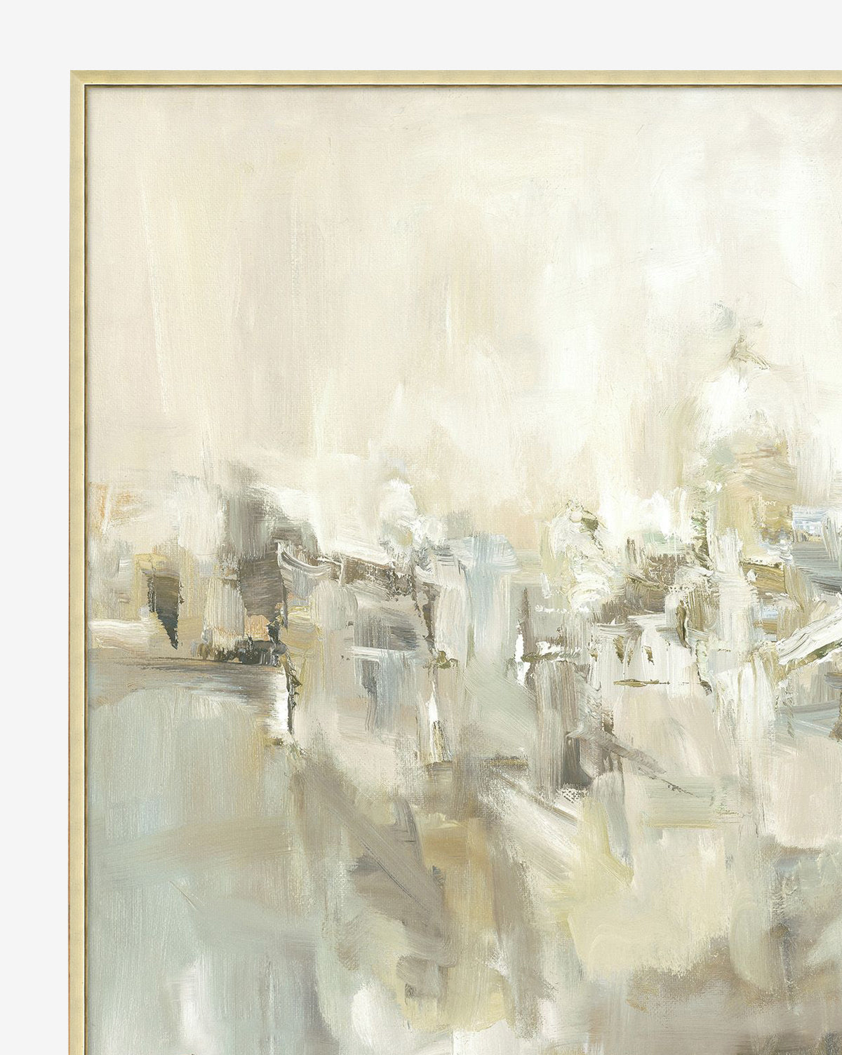 Abstract Village by James Pratt features soft, blended brushstrokes in neutral tones with touches of gray and gold for a dreamy effect. Displayed on gallery-wrapped canvas with a slim gold frame, it’s ideal for an Abstract Village-themed space.