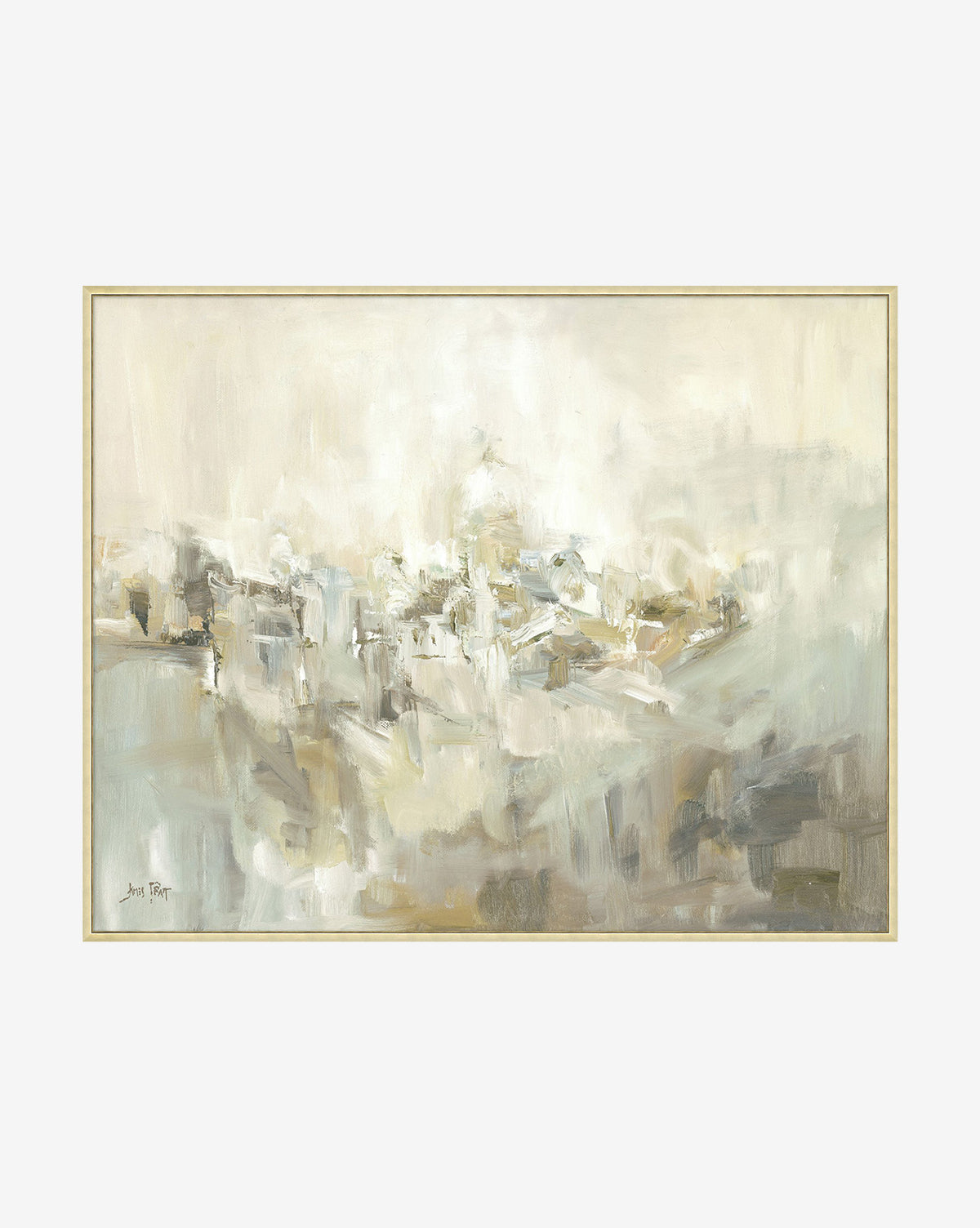 Abstract Village by James Pratt features soft beige, cream, gray, and pale yellow tones. Gallery-wrapped canvas with dreamy brushstrokes creates a calm, serene atmosphere without defined shapes or forms.