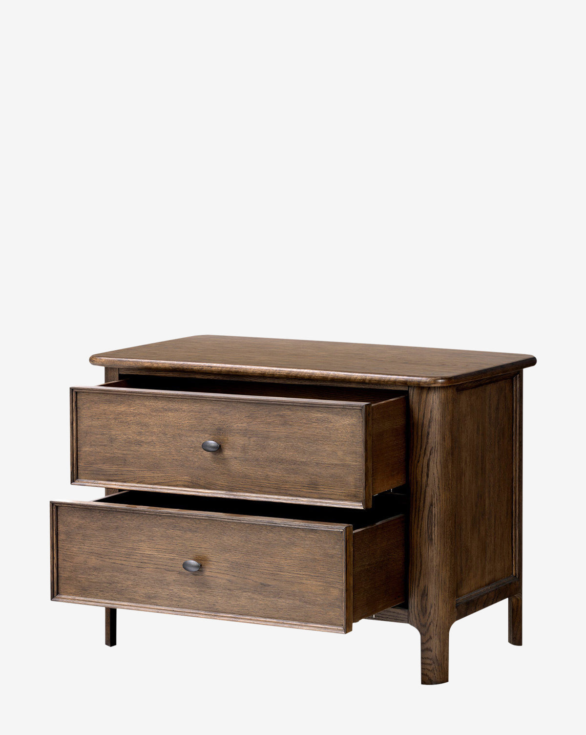 The Aeris Nightstand is a wooden piece with a smooth finish, featuring two partially open drawers for storage and organization. It has small round handles and is shown against a plain white background, by McGee & Co.