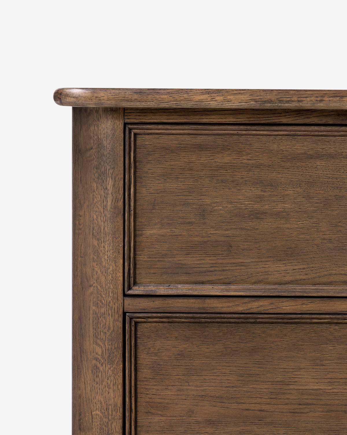 Close-up of the upper left corner of the Aeris Nightstand, showcasing its smooth wood finish, visible grain, and two drawers—ideal for bedroom organization or use as a nightstand, by McGee & Co. Set against a plain white background.