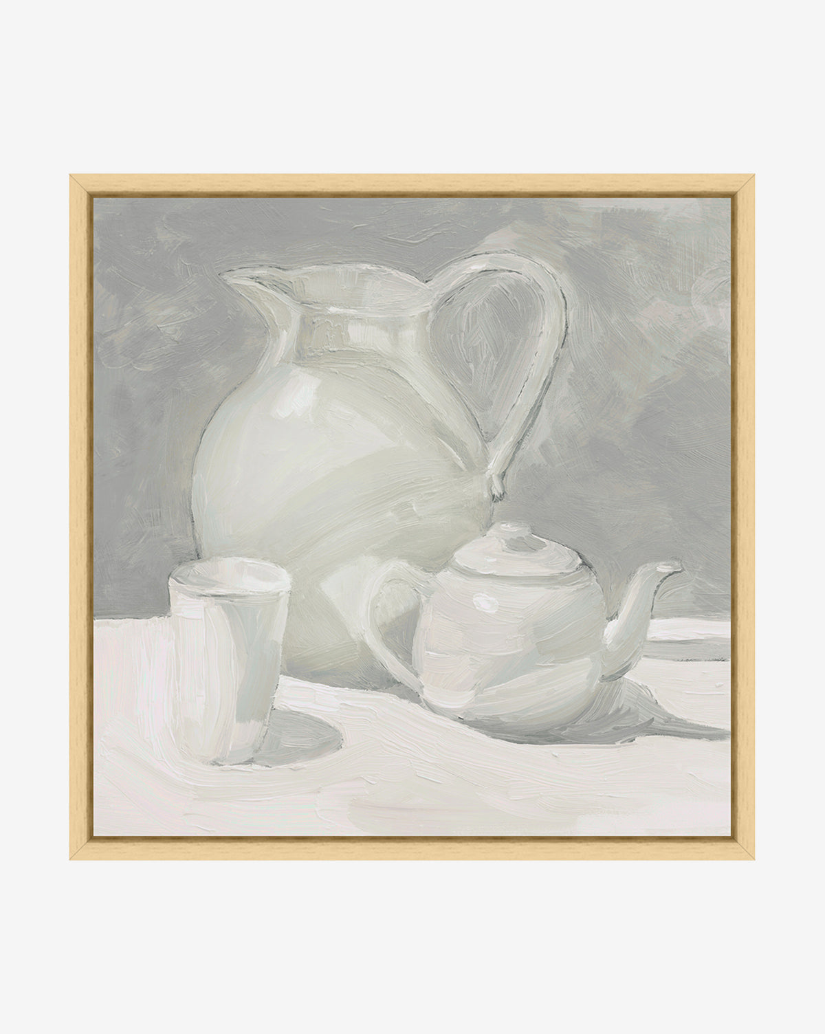 Afternoon Earl Gray is a framed giclee print depicting a minimalist still life with a pitcher, teacup, and teapot in muted gray and white tones—an ideal art piece for modern interiors.