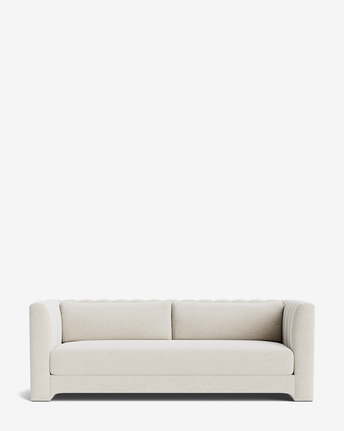 The Agatha Sofa 90 features a modern design in light beige, with rounded arms, a low backrest, and short legs, handcrafted for elegance and shown against a plain white background, by McGee & Co.
