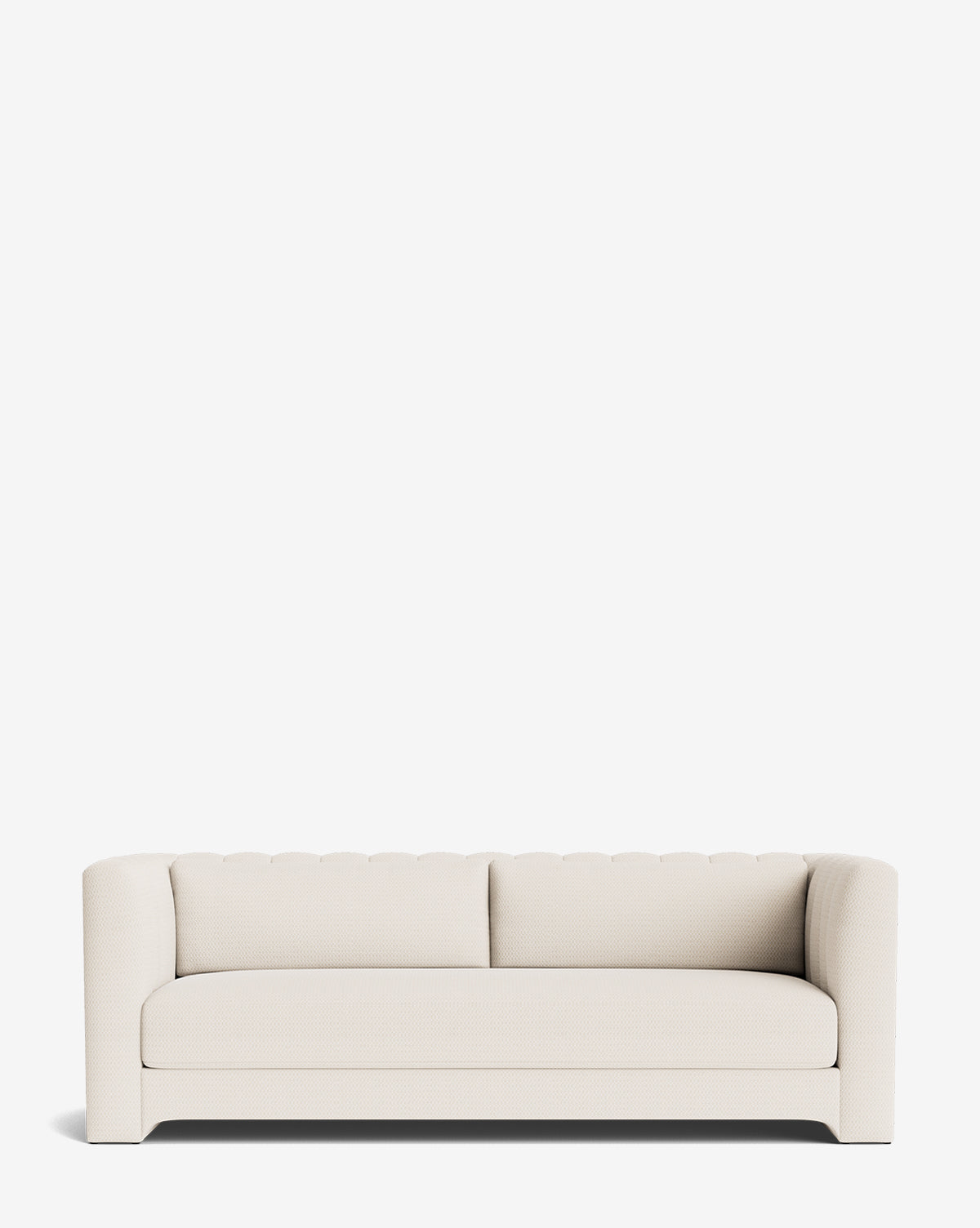 The Agatha Sofa 90 features a modern, minimalist design with a low back and curved arms, handcrafted in an off-white finish, displayed against a plain white background, by McGee & Co.