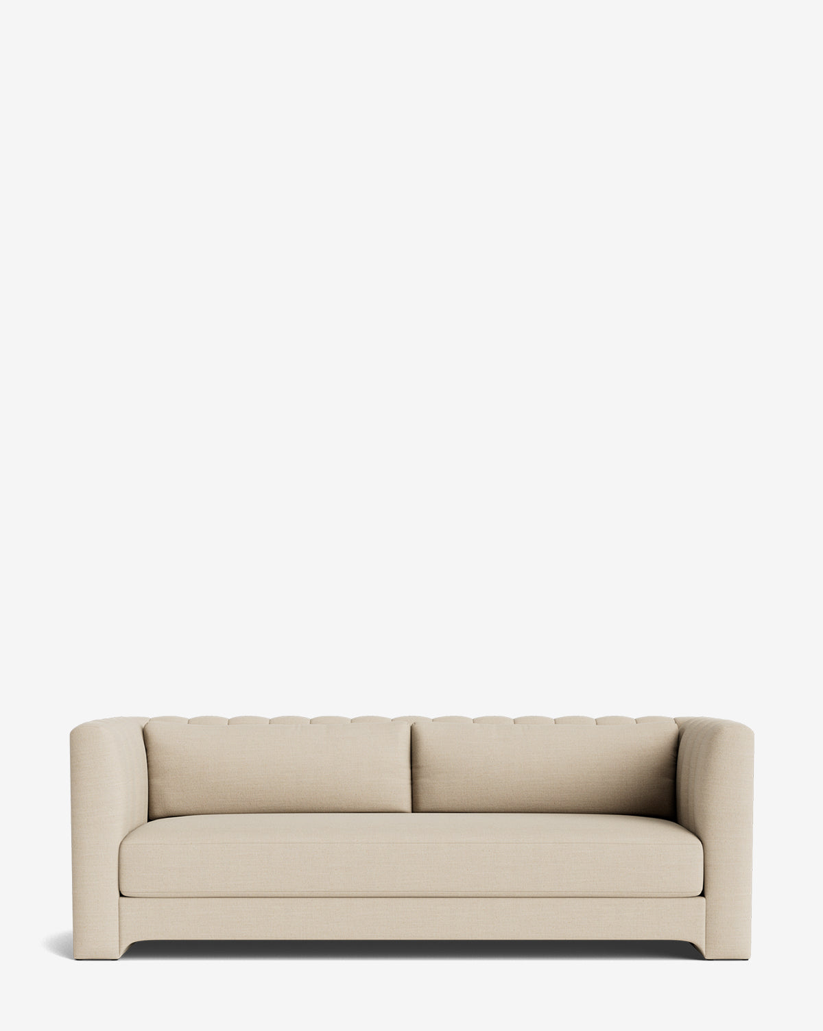 A modern handcrafted Agatha Sofa 90 features a tufted backrest, straight arms, and two seat cushions, set against a plain white background, by McGee & Co.