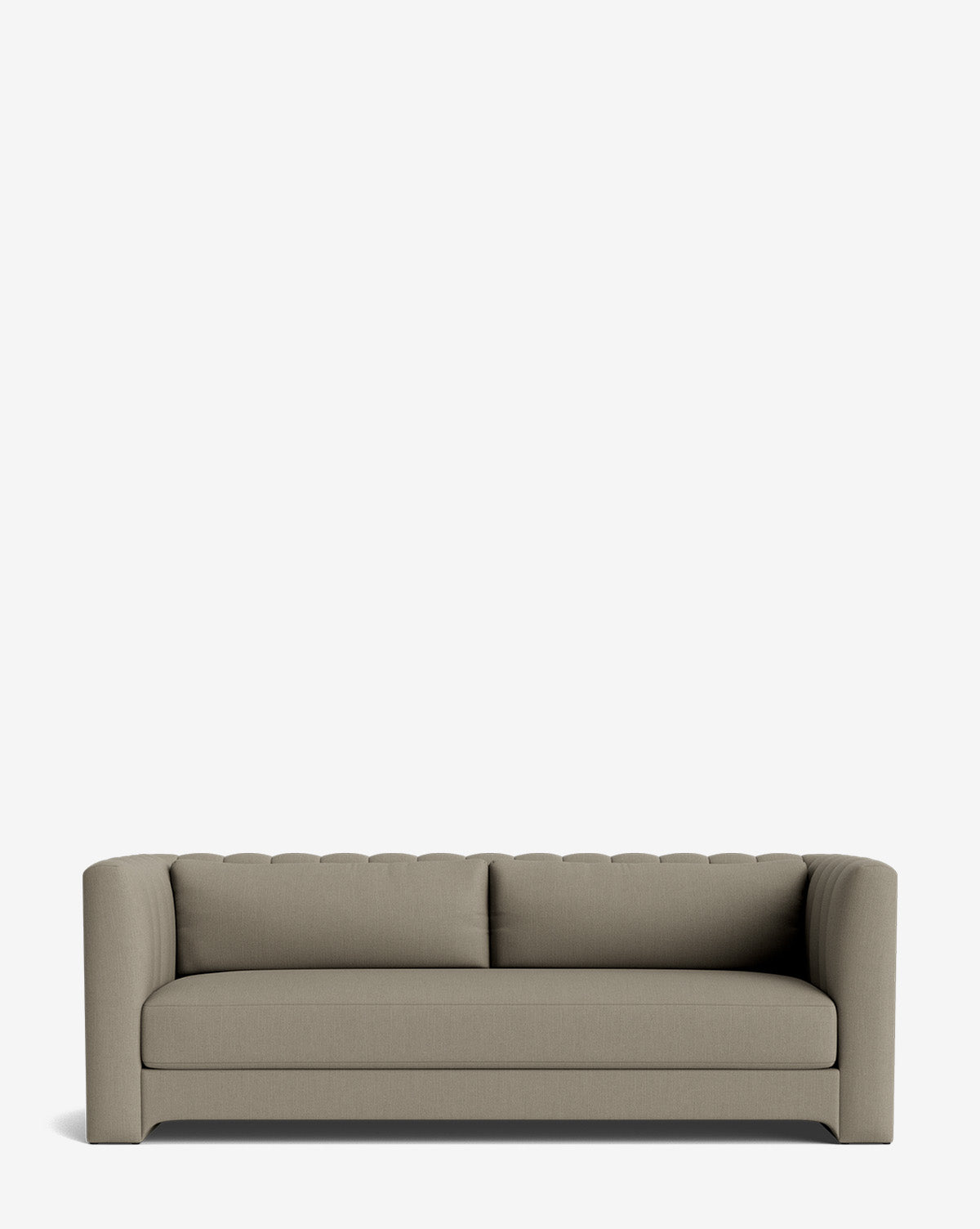 The Agatha Sofa 90 is a modern, light gray sofa with rounded arms and a tufted backrest, handcrafted to bring Hollywood regency style to any space, shown against a plain white background by McGee & Co.