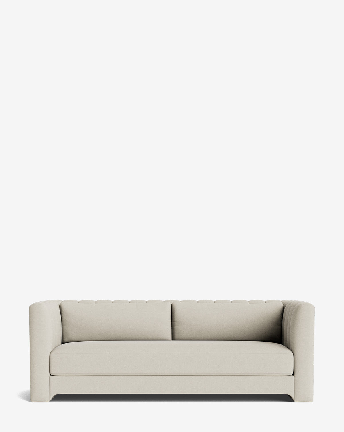 A modern, light beige Agatha Sofa 90 with a tufted backrest and straight, wide armrests, handcrafted and set against a plain white background by McGee & Co.