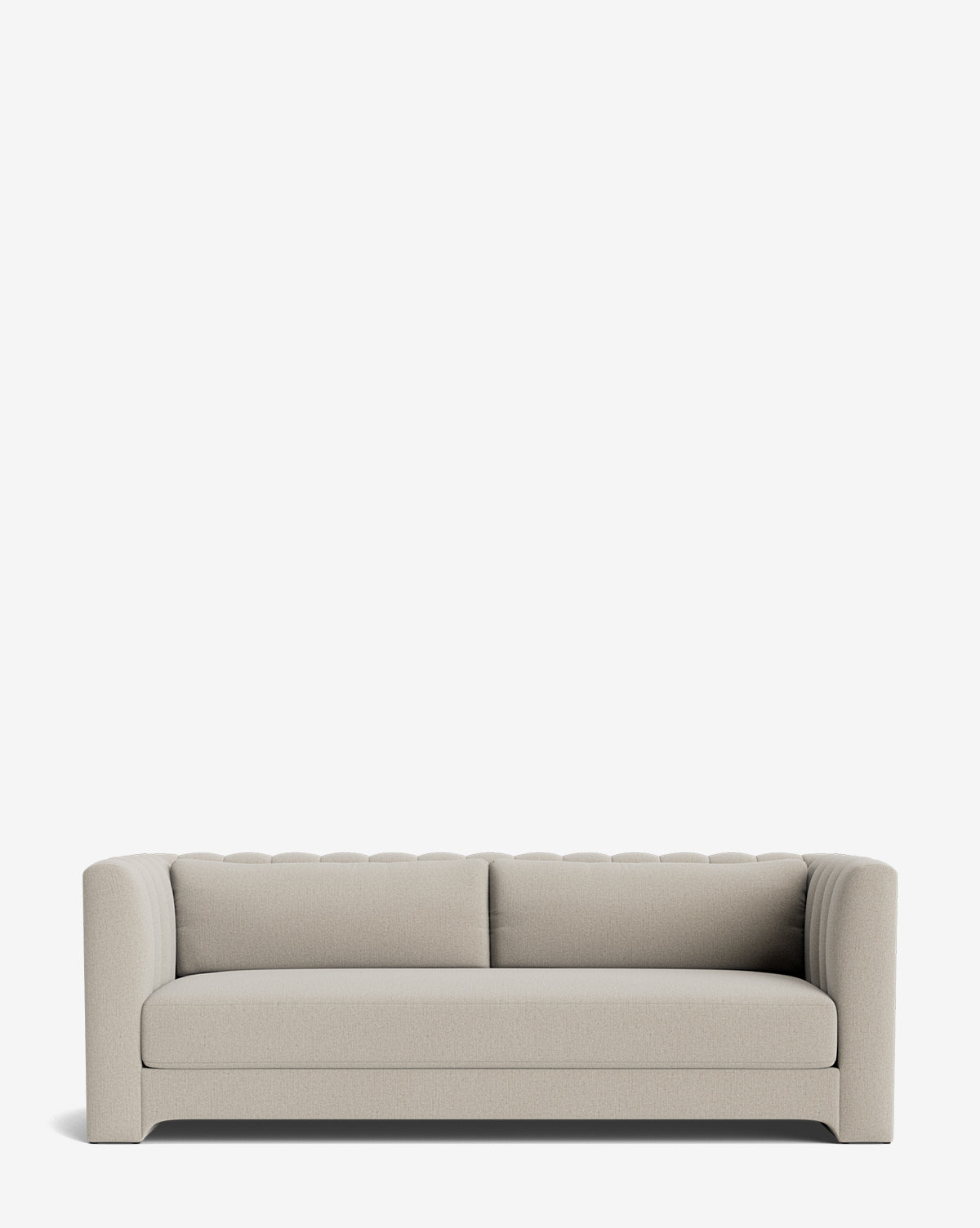 The Agatha Sofa 90 is a modern, light beige upholstered handcrafted sofa featuring a tufted backrest, square arms, and two seat cushions in classic Hollywood regency style, shown against a plain white background by McGee & Co.