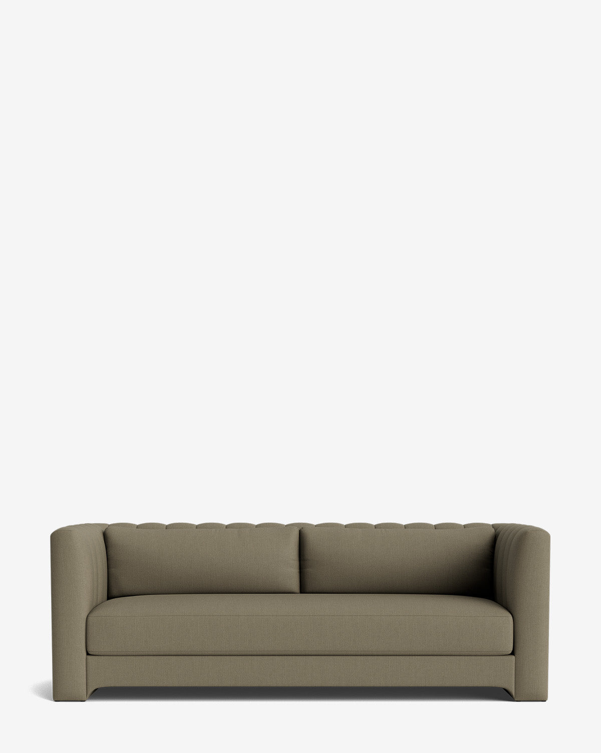 A modern Agatha Sofa 90 in olive-green upholstery, featuring a low back, wide armrests, and two back cushions, set against a plain white background by McGee & Co.
