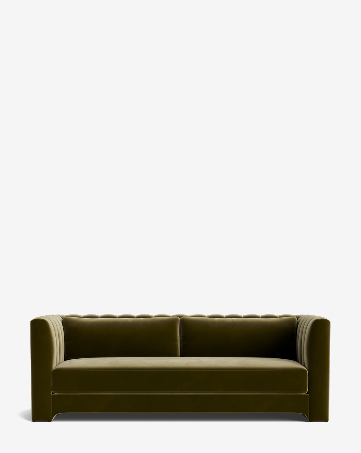 A modern olive green velvet Agatha Sofa 90 with a tufted backrest and sides, clean lines, and a low-profile Hollywood regency design, set against a plain white background by McGee & Co.