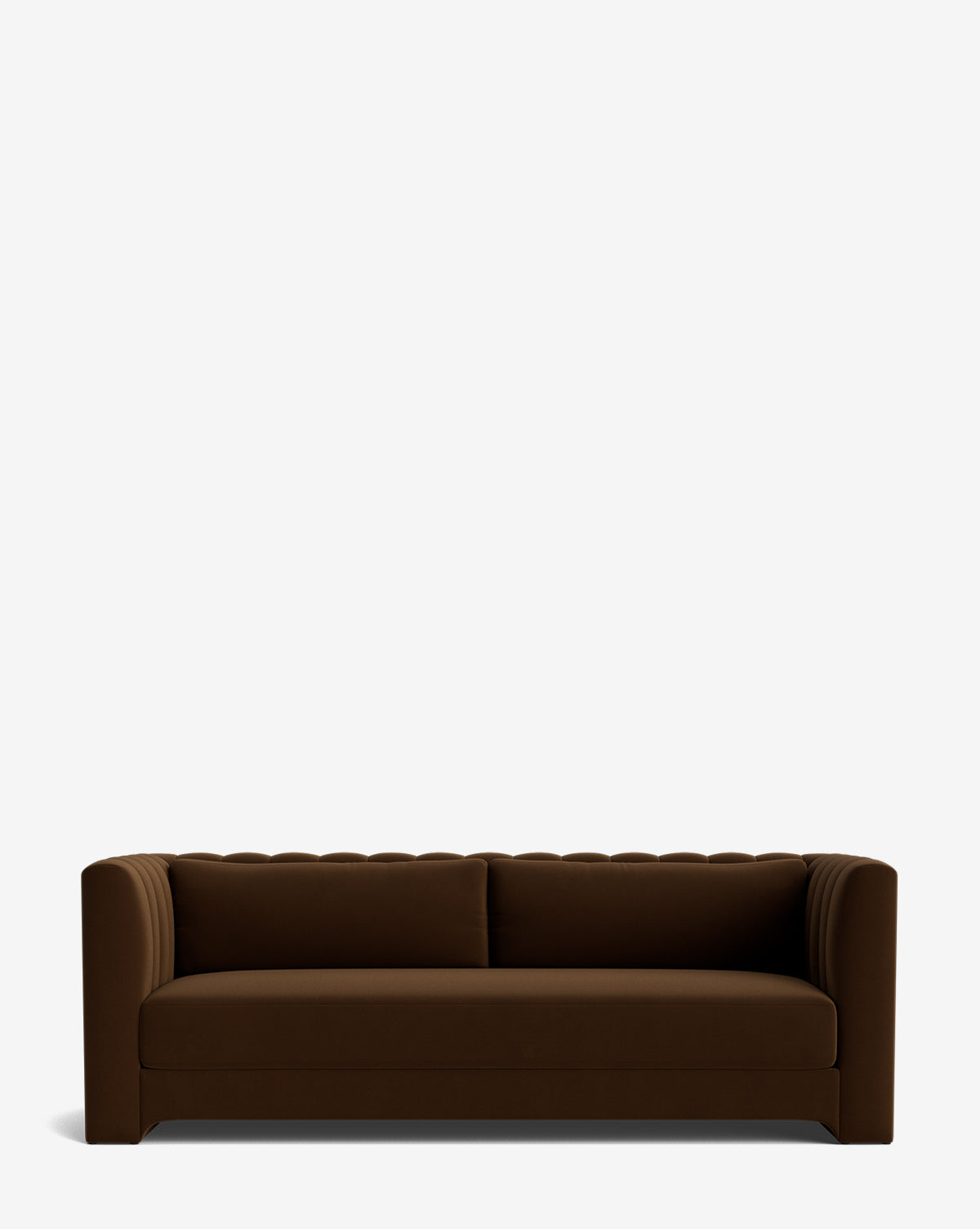 The Agatha Sofa 90 is a modern, dark brown handcrafted sofa with a low back and arms, featuring vertical tufted detailing along the backrest and sides, shown against a plain white background by McGee & Co.