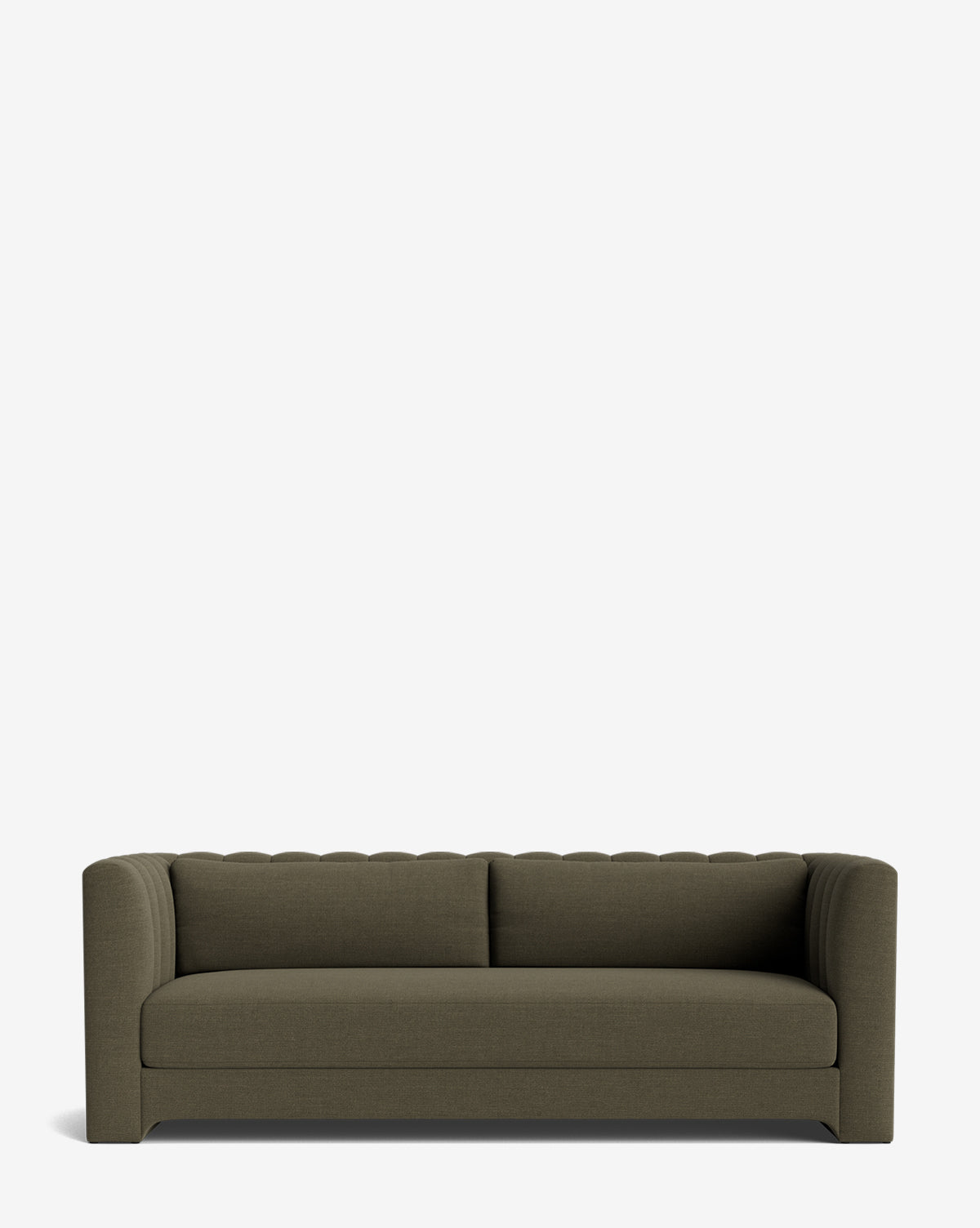 The Agatha Sofa 90 is a modern, handcrafted piece in dark olive-green, featuring a scalloped backrest and clean, straight arms, displayed against a plain white background by McGee & Co.