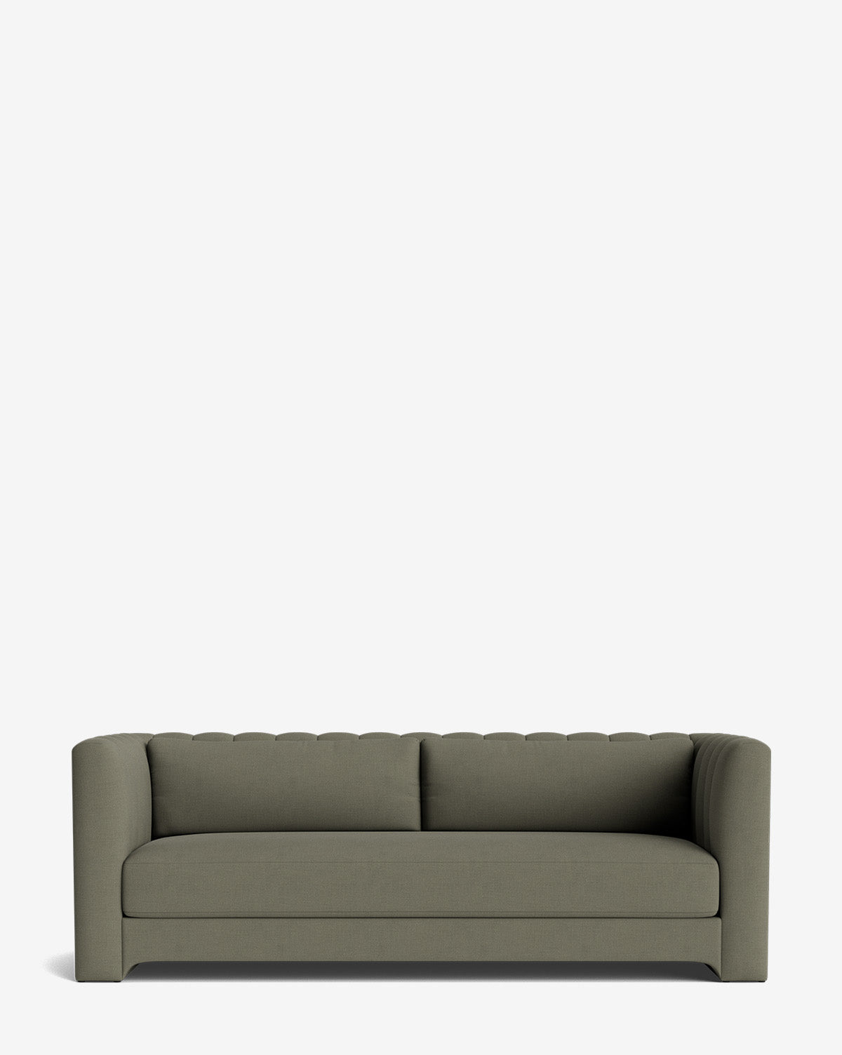 The Agatha Sofa 90 is a modern, dark gray piece with a low backrest and rounded armrests, beautifully handcrafted and showcased against a white background, by McGee & Co.