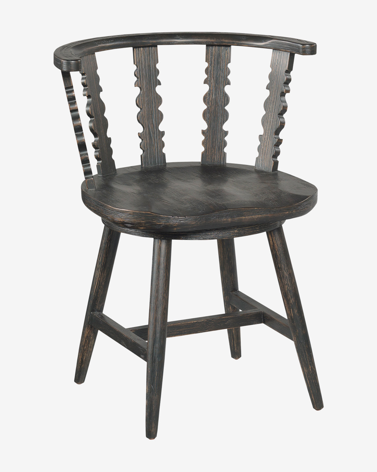 The Alaric Dining Chair features a vintage oak design with a curved backrest, three ornate zigzag-patterned spindles, a round seat, and four angled legs joined by horizontal supports, by McGee & Co.