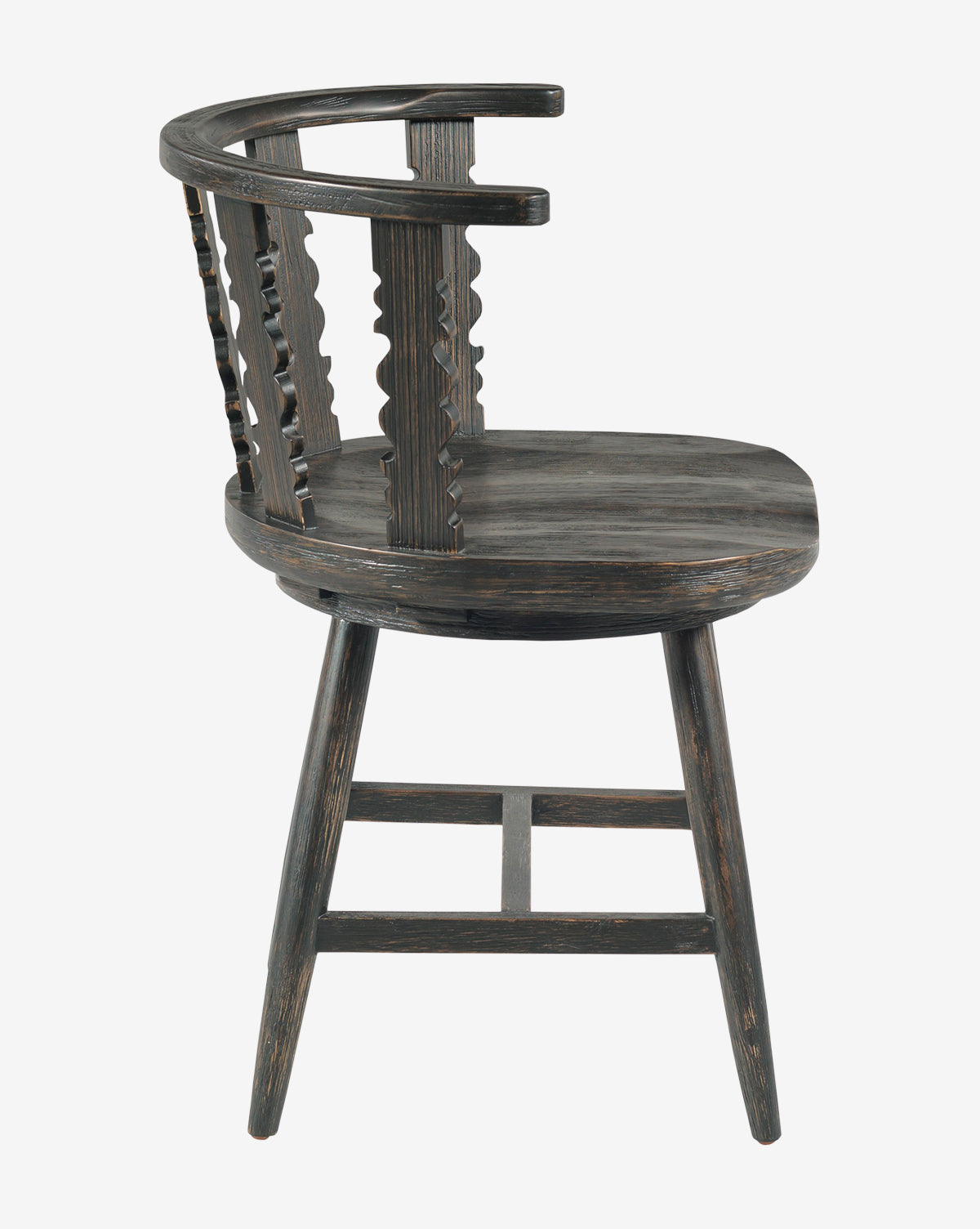 The Alaric Dining Chair features a curved backrest with vertical slats, four angled legs, and a rustic weathered oak finish that adds character to your dining space, by McGee & Co.