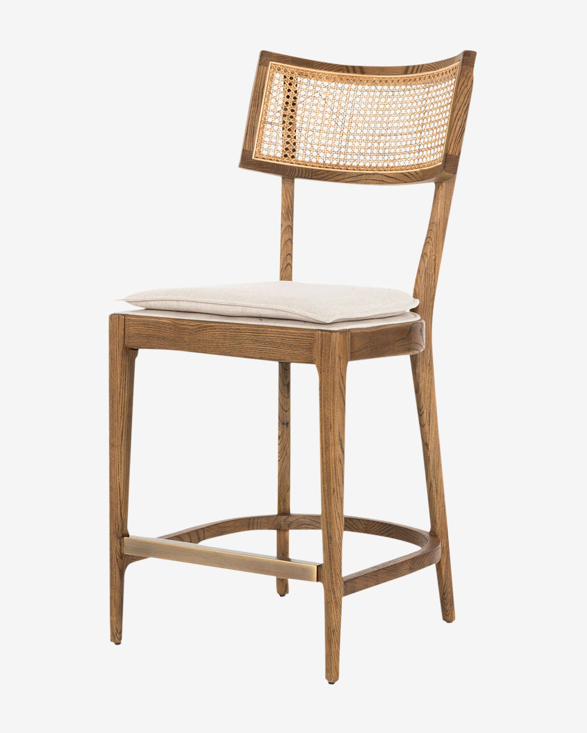 The Alessia Stool is a wooden stool featuring a caned backrest, beige seat cushion, and four straight legs—ideal for kitchen styling. Shown against a white background by McGee & Co.