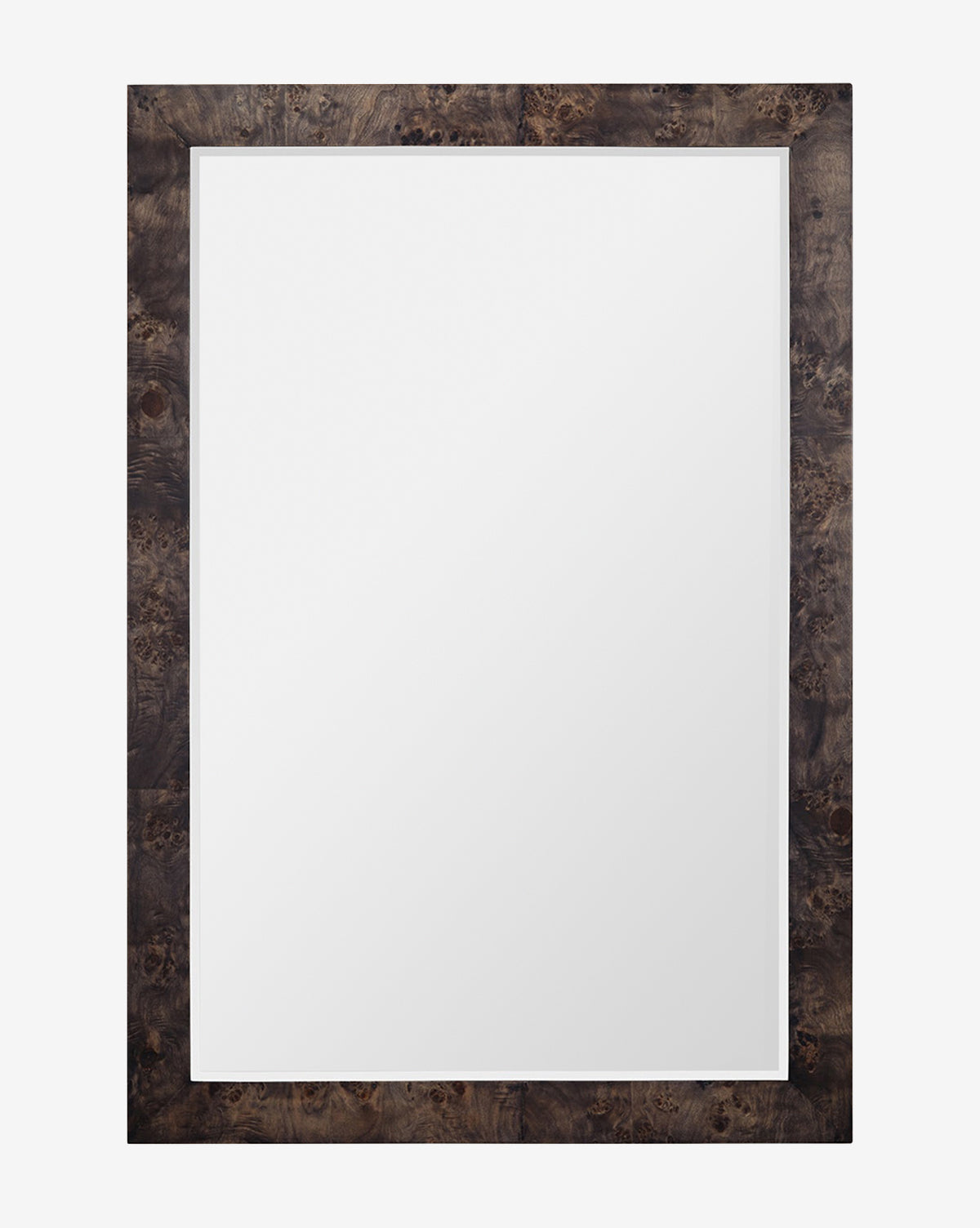 The Alexia Rectangular Mirror features a bold dark burl wood grain frame and a glossy reflective center, making it a standout statement piece for any space, by McGee & Co.