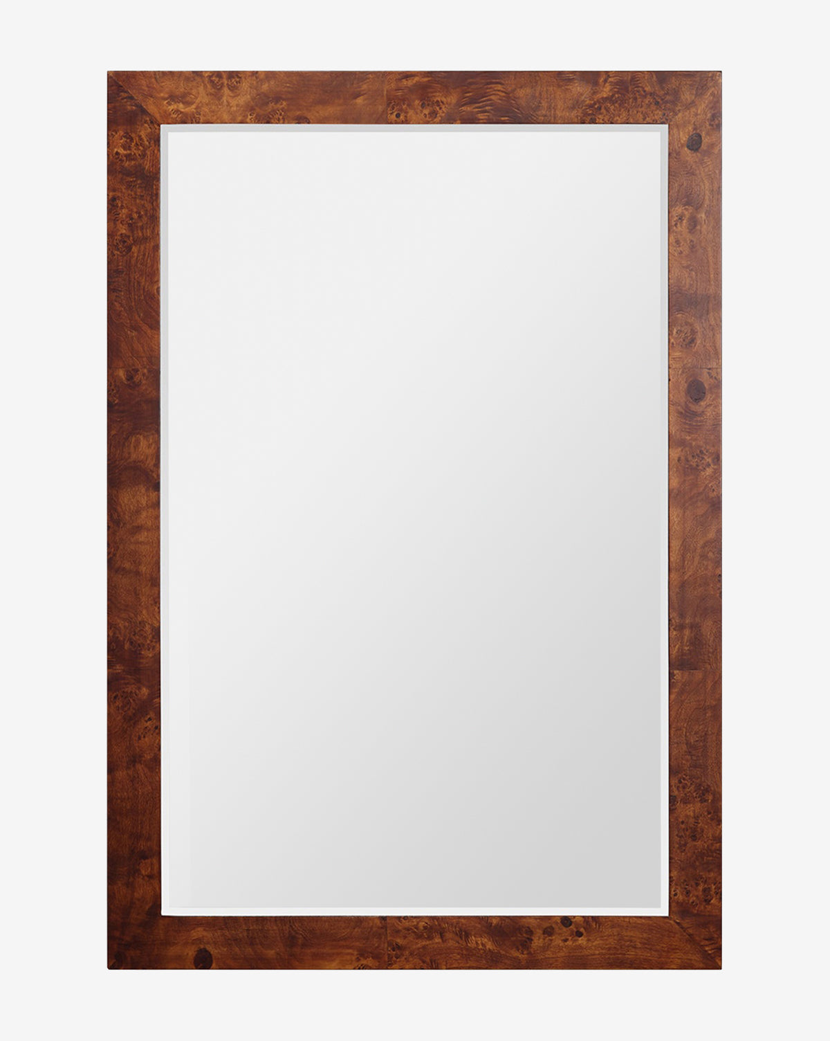 The Alexia Rectangular Mirror features a wide, dark burl wood frame with subtle grain and a clear reflective surface, making it a striking statement piece for any room, by McGee & Co.