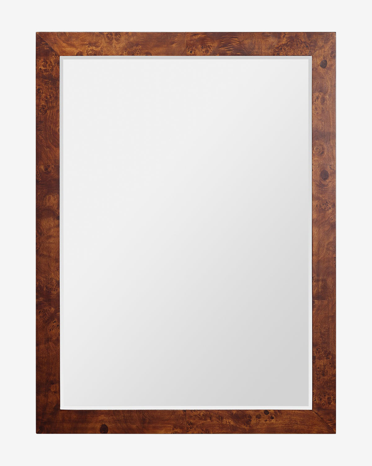 The Alexia Rectangular Mirror features a wide, rich brown burl wood frame with natural grain patterns. Its clean, reflective surface and unique texture make it a stunning statement piece for any room, by McGee & Co.